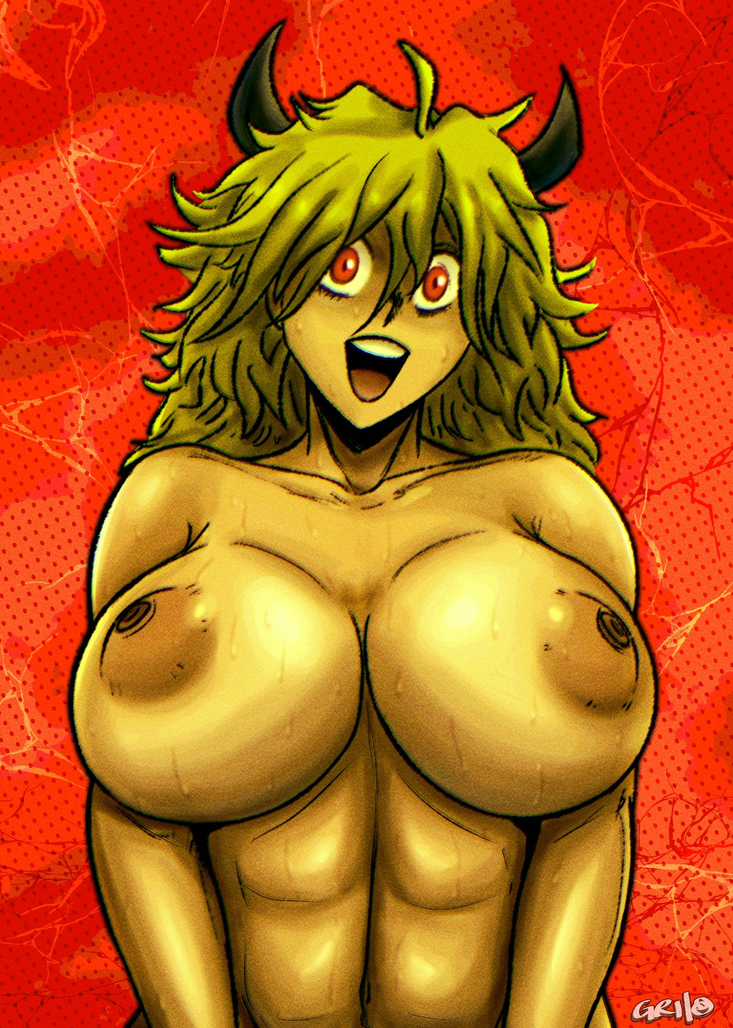 1girls, areola slip, areolae, big breasts, blonde hair, devil, dorohedoro, horns, muscular female, nikaidou (dorohedoro), nude, puffy nipples, red eyes, smile, smiling, solidusgrilo, solo, sweat