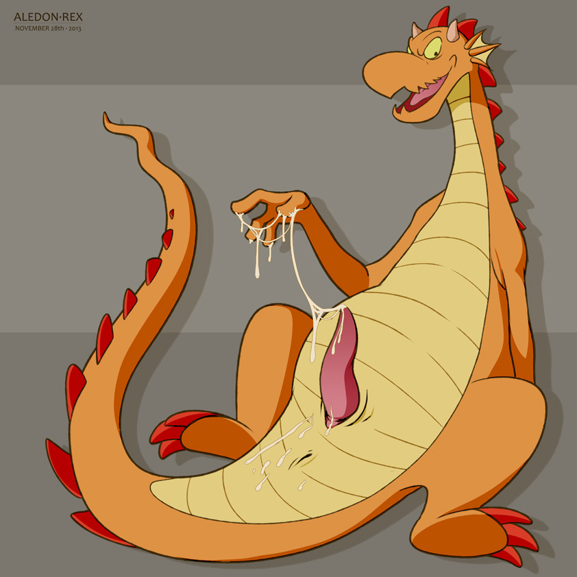 2013 aledonrex chip_'n_dale_rescue_rangers cum cum_in_hand cum_on_self disney dragon dtz erection furry furry_only horn looking_at_viewer male male_only nude open_mouth penis plain_background scalie solo