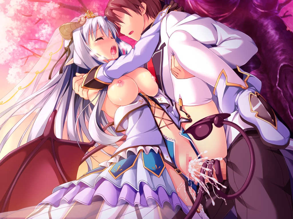 1boy asteel_runastia breasts brown_hair censored cherry_blossoms closed_eyes cum cum_in_pussy dress erect! female game_cg long_hair nipples penis piromizu pussy ribbons seifuku sex short_hair silver_hair sky sunset tail tree vaginal_penetration wings