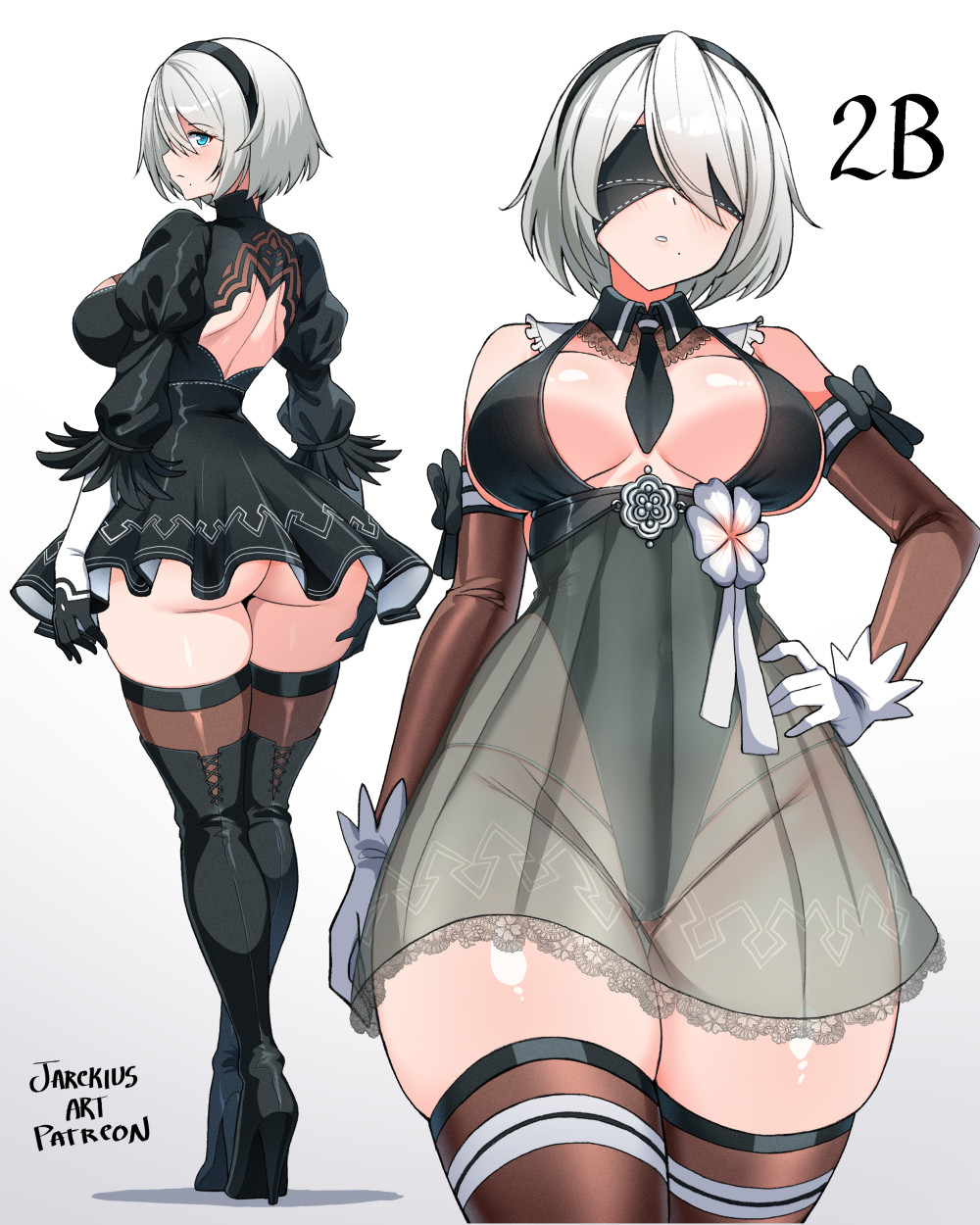 1girls, 2d, 2d (artwork), alternate costume, ass, ass hanging out, ass hanging out of skirt, blue eyes, breasts, female, female only, hi res, jarckius, large breasts, light skin, light-skinned female, mole, mole under mouth, nier (series), nier: automata, skirt, solo, thick thighs, thighhighs, thighs, transparent clothing, white background, white hair, wide hips, yorha 2b