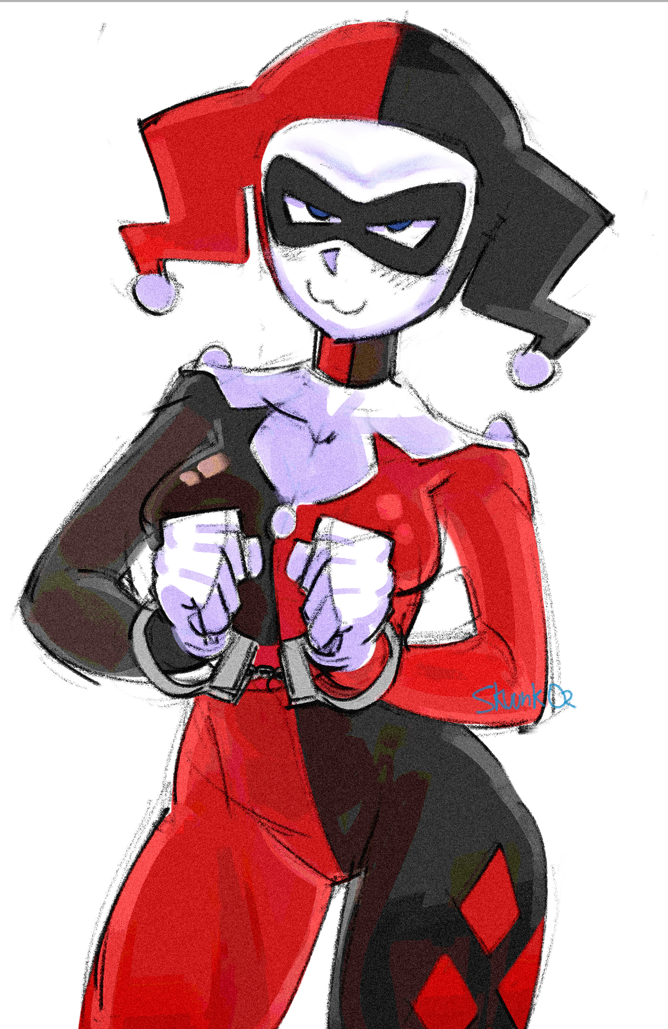 :3, 1girls, 2d, artist name, batman (series), batman: the animated series, blue eyes, bodysuit, clothed, clothed female, color, dc, dc comics, fanart, female, female only, fully clothed, handcuffed, handcuffs, harley quinn, harley quinn (classic), looking at viewer, non-nude, skuunk02, solo, spandex, uwu face, white background