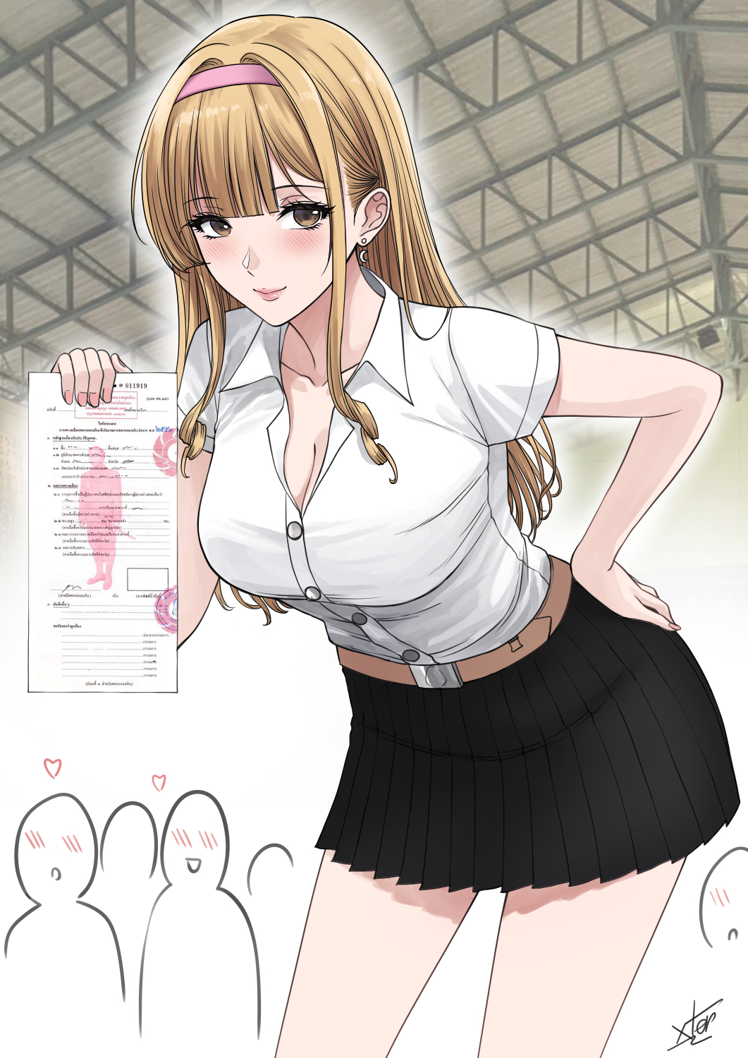1futa, black miniskirt, black skirt, blonde hair, blush, breasts, brown eyes, cleavage, earrings, futanari, gyaru, hair ornament, hairband, highres, intersex, lipstick, long hair, looking at viewer, makeup, male, medium breasts, miniskirt, nail polish, nut-chan, original, pleated skirt, skirt, smile, standing, trans woman, transfem, white shirt, wholesome, xtermination