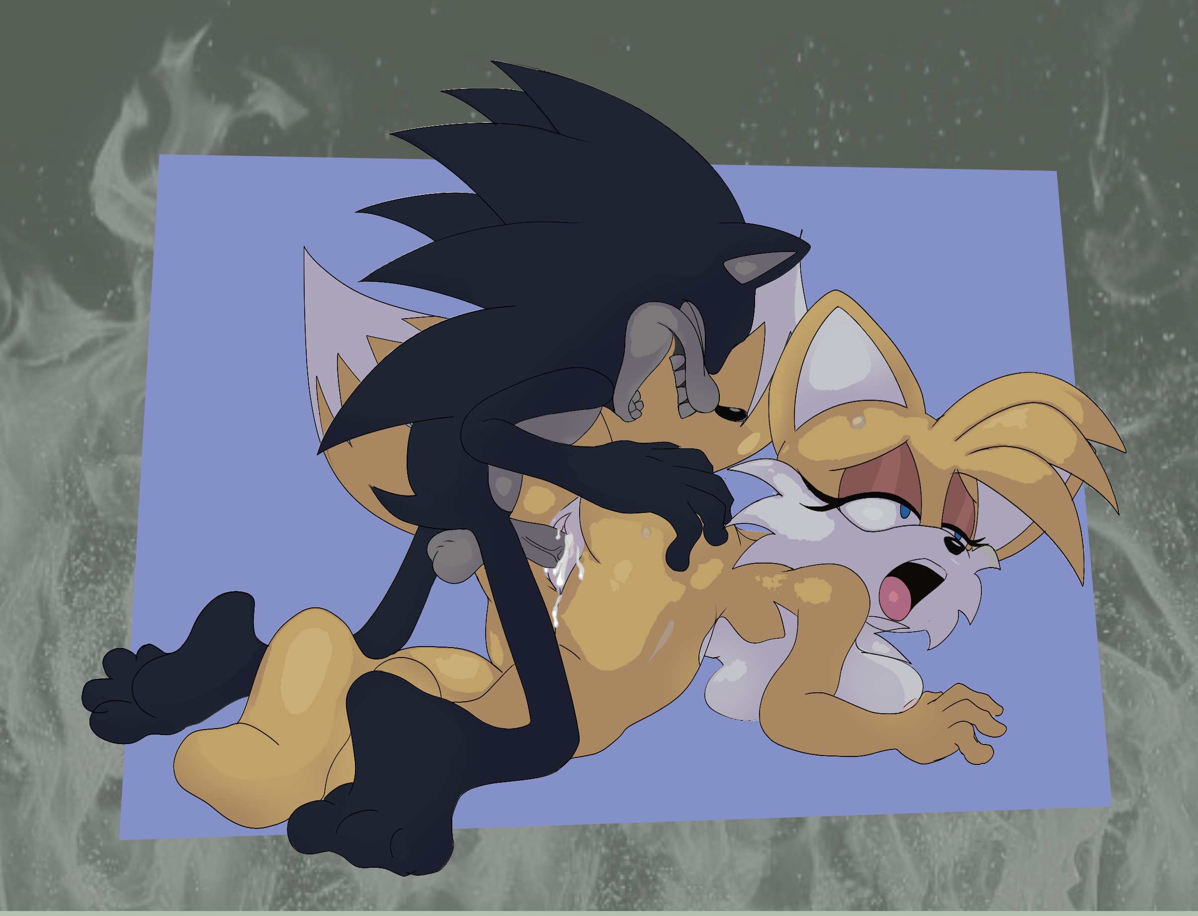 1boy, 1girls, 1treno1, 2 tails, 2017x, 2d, 2d (artwork), 2d artwork, backsack, balls, ballsack, big breasts, black eyelashes, black fur, blue eyes, breasts, breasts out, cum, cum in pussy, ejaculation, eyes closed, eyes half closed, fanart, female, female penetrated, feminine, feminine body, furry, genderswap, genderswap (mtf), hands on ass, large breasts, looking pleasured, male, male on female, male penetrating, male penetrating female, miles prower, miles tails prower, moaning, mouth open, naked, naked female, naked male, nude, nude female, nude male, on knees, open mouth, penis, penis in pussy, pussy, rule 63, sex, sonic (series), sonic.exe, sonic.exe (series), spiky hair, straight, tails, tails the fox, tailsko, teeth, teeth showing, tongue, vagina, vaginal penetration, vaginal sex, veins, year request, yelling