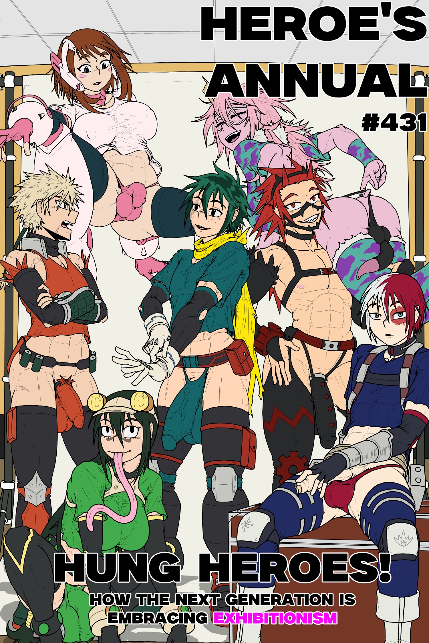 3futas, 4boys, aged up, armwear, ass, balls, big ass, big balls, big penis, cameltail, color, eijirou kirishima, foreskin, futa is bigger, futa is smaller, futa with futa, futa with male, futanari, group, hero outfit (mha), huge cock, ineffective clothing, intersex, izuku midoriya, katsuki bakugou, kiahl, lobsterkiahl, long tongue, magazine, magazine cover, male, mina ashido, mostly nude, muscular, my hero academia, ochako uraraka, penis, penis size difference, photoshoot, shonen jump, shoulder carry, shouto todoroki, thick thighs, thighhighs, tsuyu asui, uncircumcised