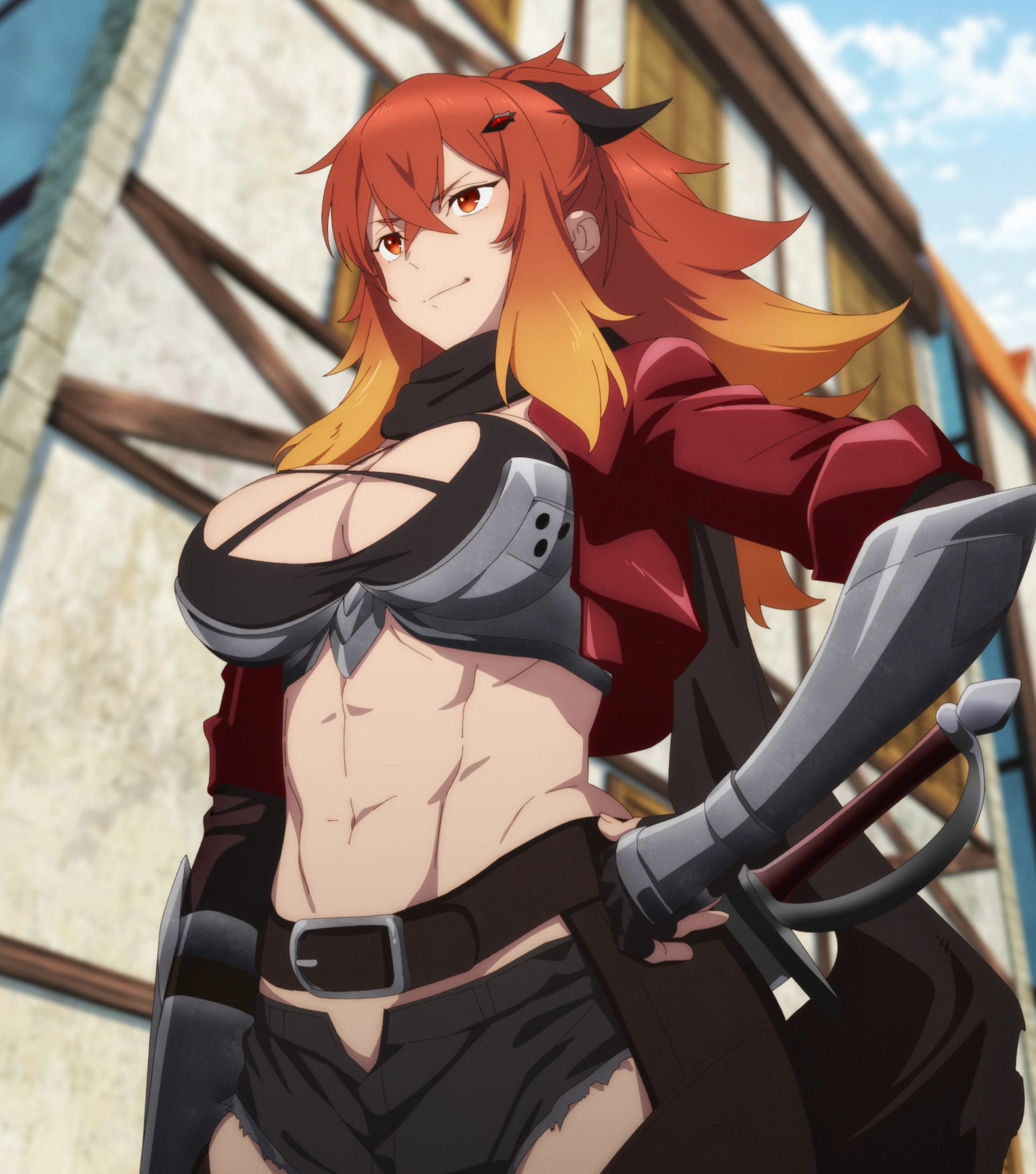 1girls, 2025, 2d, abs, anime, anime screencap, armored female, athletic female, belt, big breasts, boobplate, breasts, buff, clothed female, exposed belly, exposed midriff, exposed muscle, exposed torso, female, female human, fit female, hand on hip, human, katainaka no ossan kensei ni naru, large breasts, light skin, light-skinned female, long hair, multicolored hair, muscles, muscular, muscular female, navel, orange eyes, orange hair, ponytail, red hair, red jacket, screenshot, short shorts, slim waist, smile, smiling, solo, solo female, surena lysandra, tall female, thick thighs, toned, toned female, wide hips, yellow hair