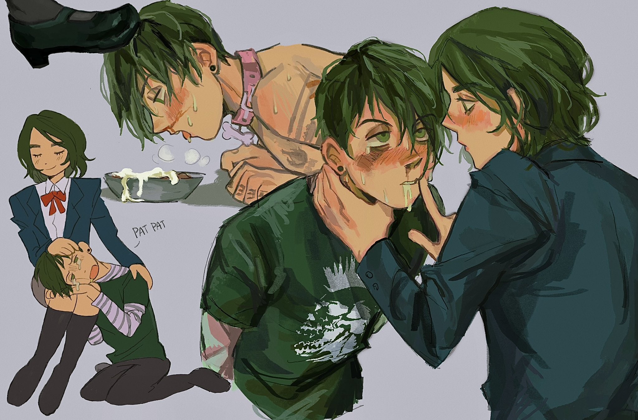 814aimee, boot on head, crossdressing, cum in bowl, cum in mouth, frank iero, gerard way, hand around neck, my chemical romance, nosebleed, petplay, puppy boy frank iero, schoolgirl uniform
