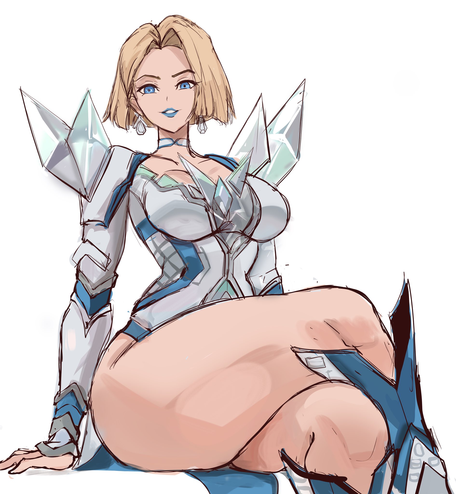 1girls, 2d, athletic, athletic female, athletic thighs, blonde female, blonde hair, blue lipstick, bob cut, boots, breasts, clothed, clothed female, crossed legs, emma frost, emma frost (marvel rivals), female, female focus, female only, hi res, high heel boots, high heels, large breasts, light skin, light-skinned female, looking at viewer, marvel, marvel comics, marvel rivals, rakeemspoon, solo, thick thighs, thighs, wide hips