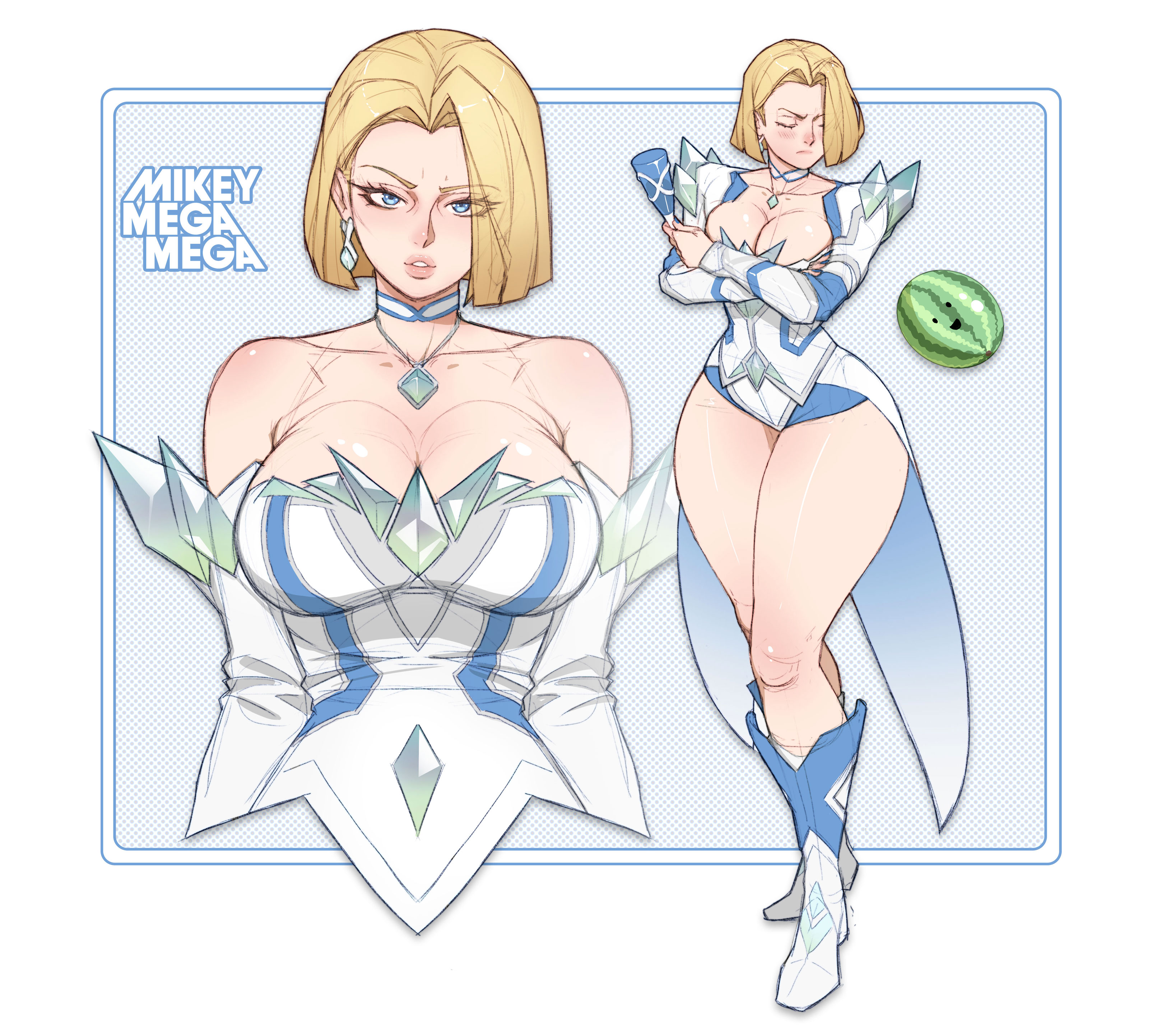 1girls, blonde female, blonde hair, blue lipstick, blush, bob cut, boots, breasts, emma frost, emma frost (marvel rivals), female, female focus, female only, flushed, hi res, high heel boots, high heels, huge breasts, large breasts, light skin, light-skinned female, looking at viewer, marvel, marvel comics, marvel rivals, mikeymegamega, solo, thick thighs, thighs, watermelon, wide hips