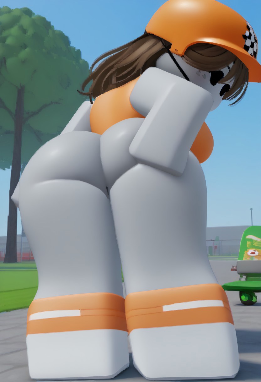 1girls, ai generated, ass, backpack, black eyes, blocky anatomy, blocky body, bottomless, breasts, brown hair, building, butt, checkerboard, chunky, female, female focus, female only, grass, hand on own ass, leaning forward, long hair, looking back, medium breasts, no panties, no pants, non-human, not real art, outdoors, outside, presenting hindquarters, public, public nudity, pussy, roblox, robloxian, shoes, sk8tr, skate park, skateboard, sky, solo focus, source request, standing, standing female, thick, tree, vagina, viewed from behind, year request