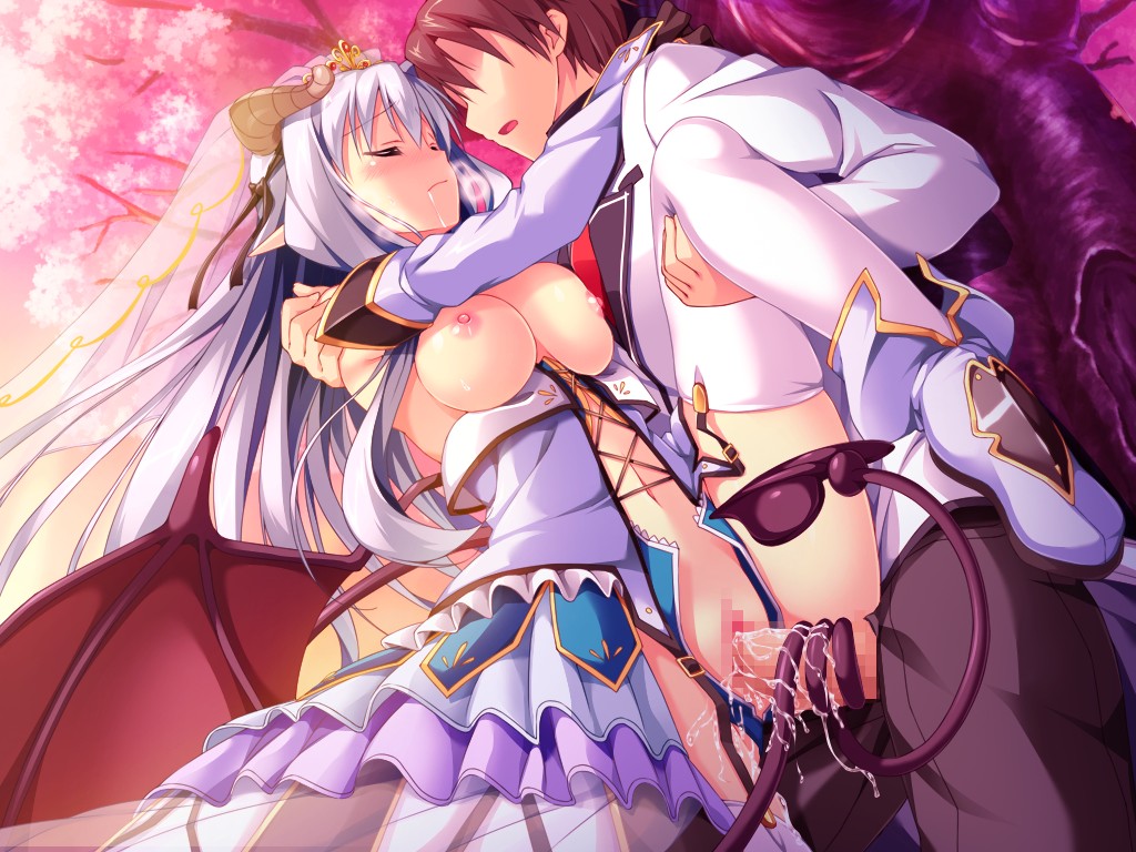 1boy asteel_runastia breasts brown_hair censored cherry_blossoms closed_eyes dress erect! female game_cg long_hair nipples penis piromizu pussy ribbons seifuku sex short_hair silver_hair sky sunset tail tree vaginal_penetration wings