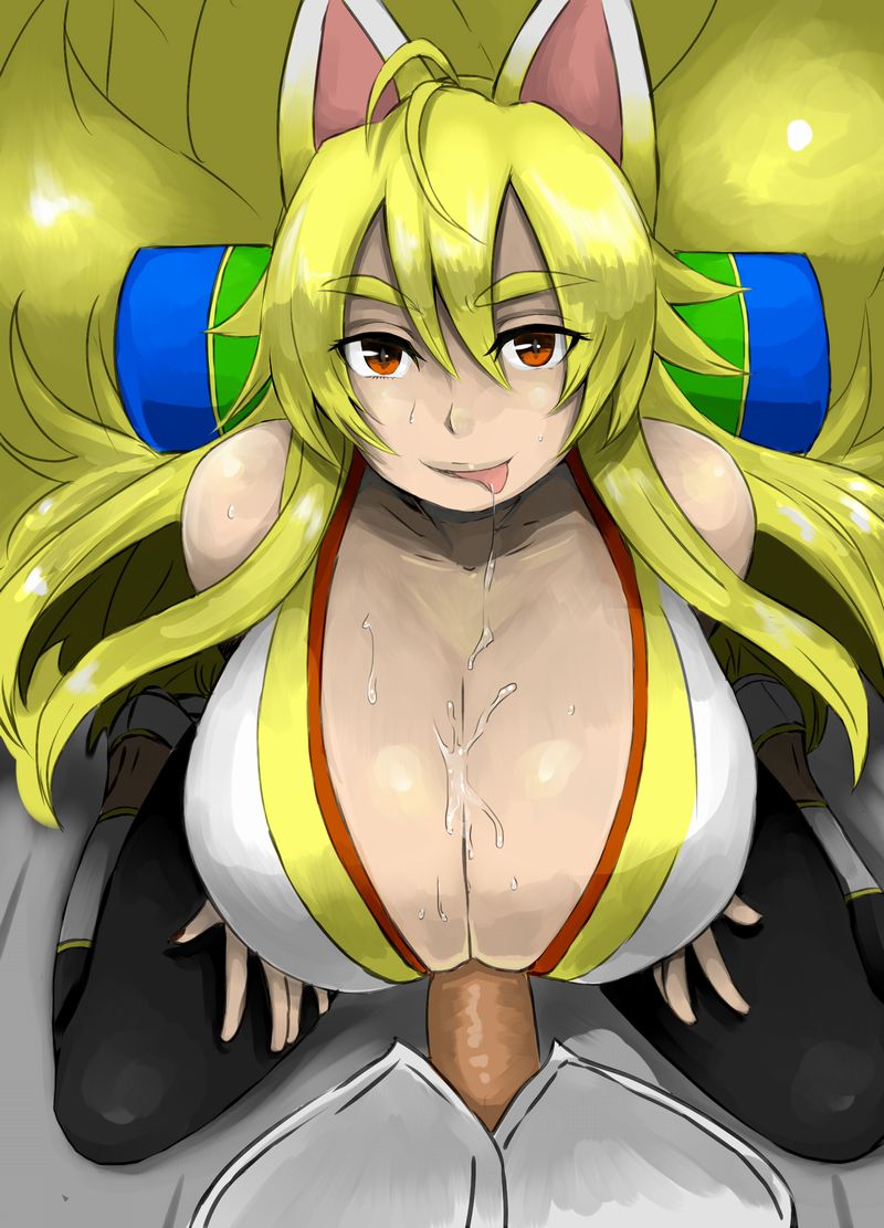 animal_ears blonde_hair breasts cleavage cum cum_on_breasts female huge_breasts looking_at_viewer male paizuri penis pov soranosuke straight uncensored