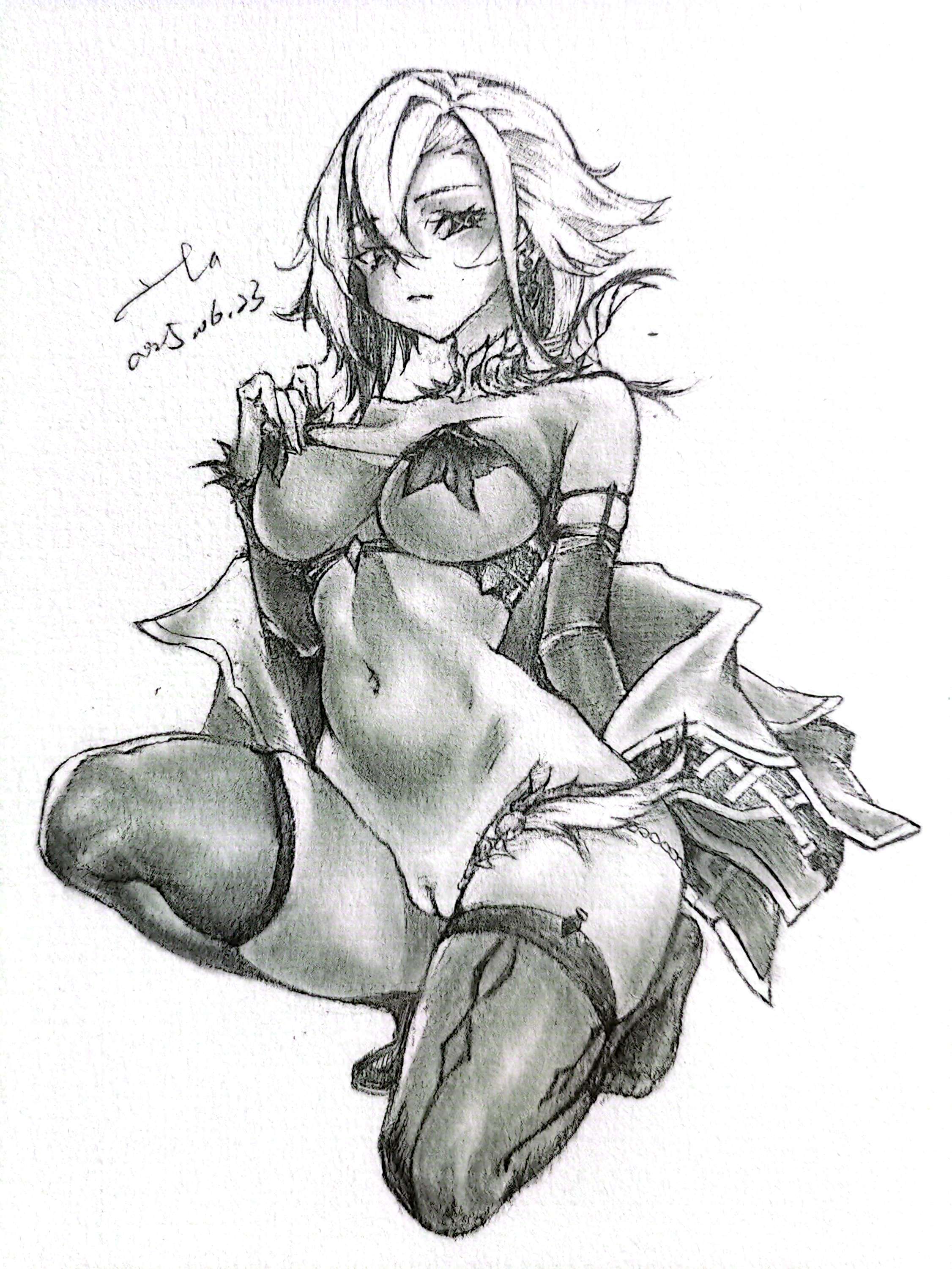 arlecchino (genshin impact), bottomless, female, genshin impact, hand drawn, monochrome, pussy, traditional media (artwork)