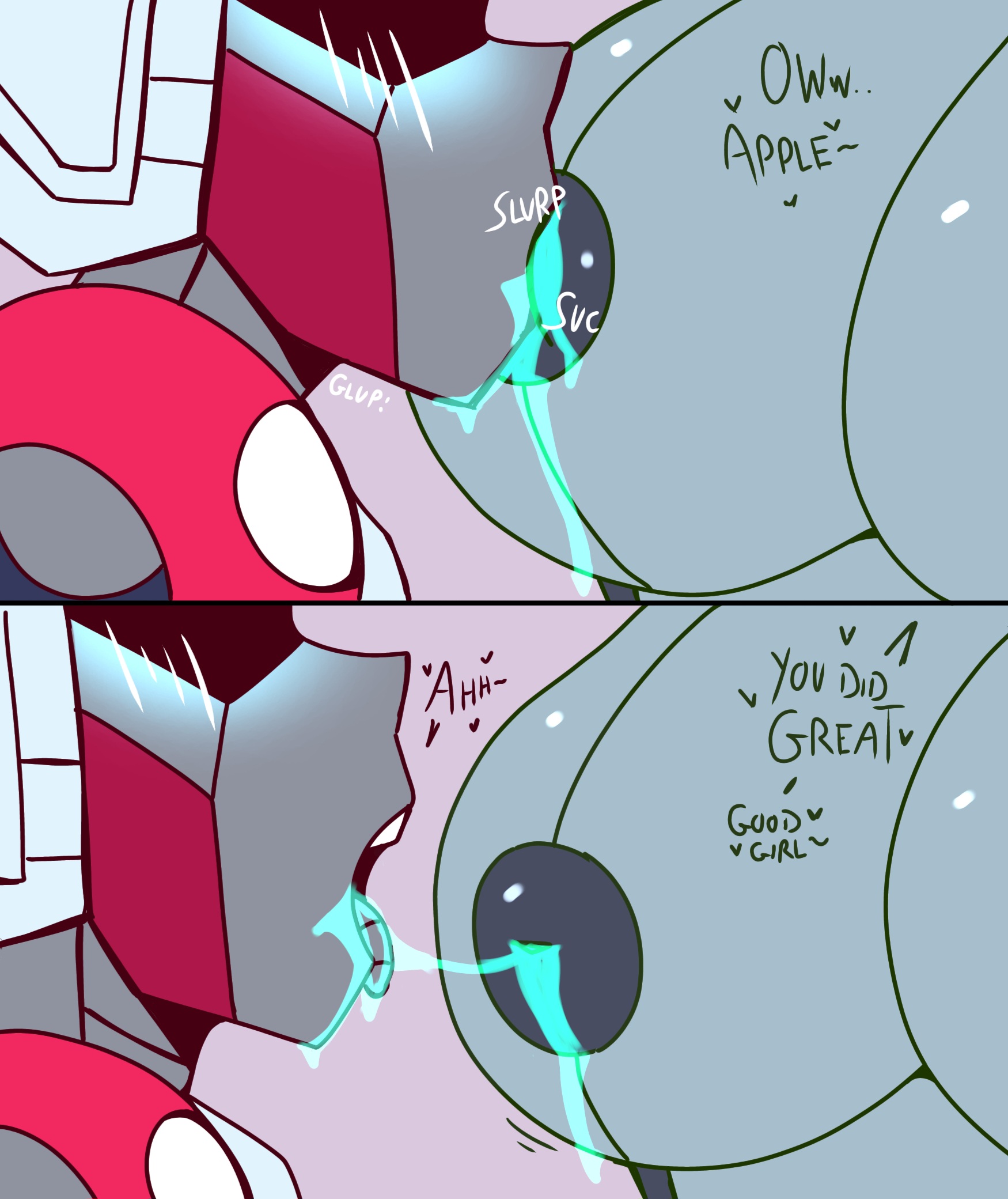 1girls, 2d, 2koma, arcee, big breasts, blush, breast focus, breast sucking, breasts, breasts out, comic, dialogue, dripping milk, english text, female, female focus, female only, freakyyto, greenlight, lactating, lactation, lesbian, milking, milking breasts, moaning, onomatopoeia, robot, robot girl, robot humanoid, self upload, soft breasts, sucking nipples, text, transformers, unusual lactation, yuri