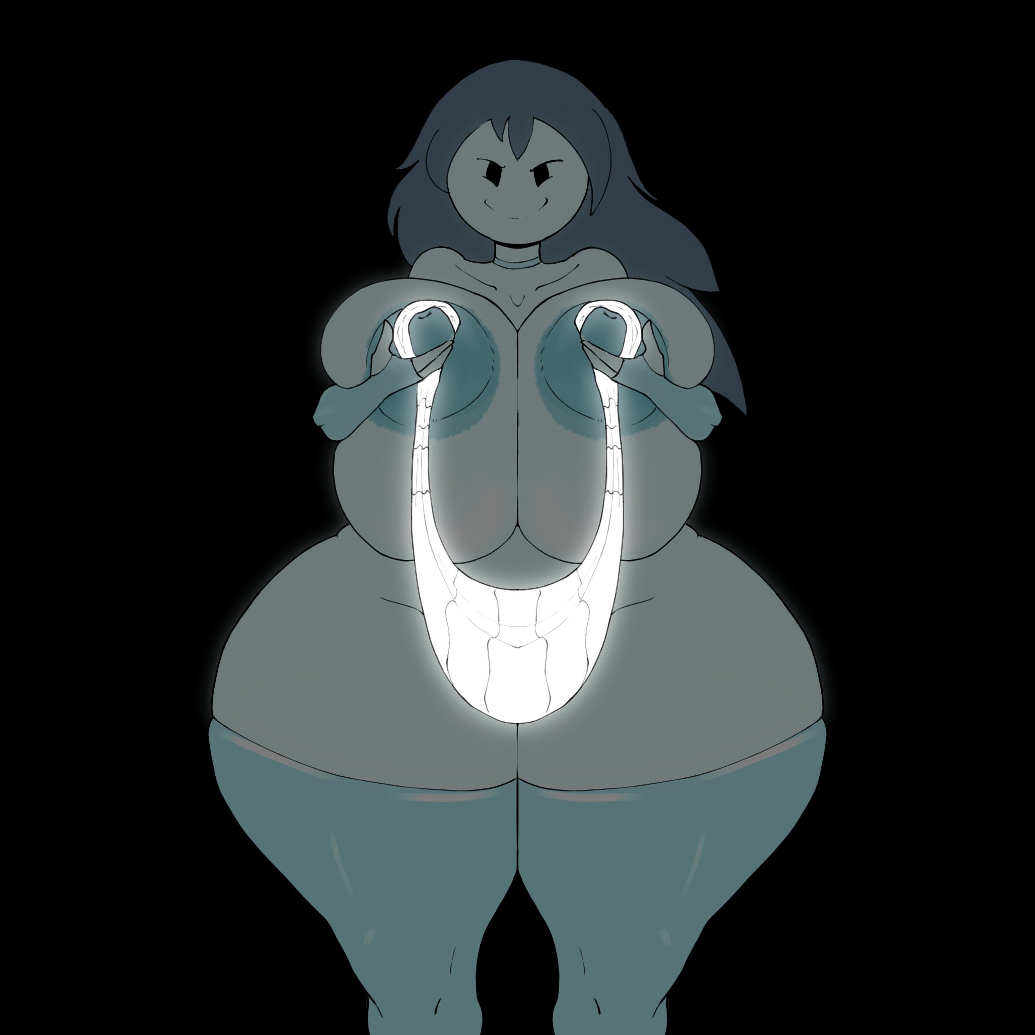 1girls, arm sleeves, armwear, big breasts, big thighs, blue hair, breasts, collar, elbow gloves, female, fingerless arm sleeves, fingerless gloves, ghost girl, long hair, megamor, nipples, skindentation, smile, socks, solo, spooky (shojs), spooky's house of jump scares, stockings, thighs, voluptuous, white hair