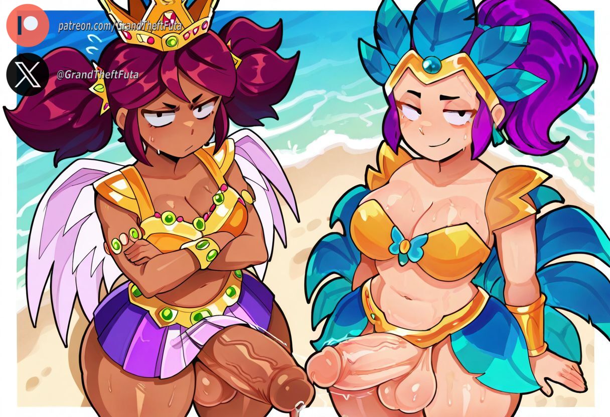 2futas, ai generated, angry, balls, big penis, black eyes, blush, brawl stars, breasts, carnaval mandy (brawl stars), clothed, cock, dark skin, dark-skinned futa, dickgirl, erection, flag bearer piper (brawl stars), futa only, futanari, high-angle view, huge cock, intersex, light skin, light-skinned futa, looking at viewer, mandy (brawl stars), medium breasts, outdoors, penis, piper (brawl stars), precum, purple hair, roxygtf, short hair, smug, standing, sweat, sweating, sweaty body