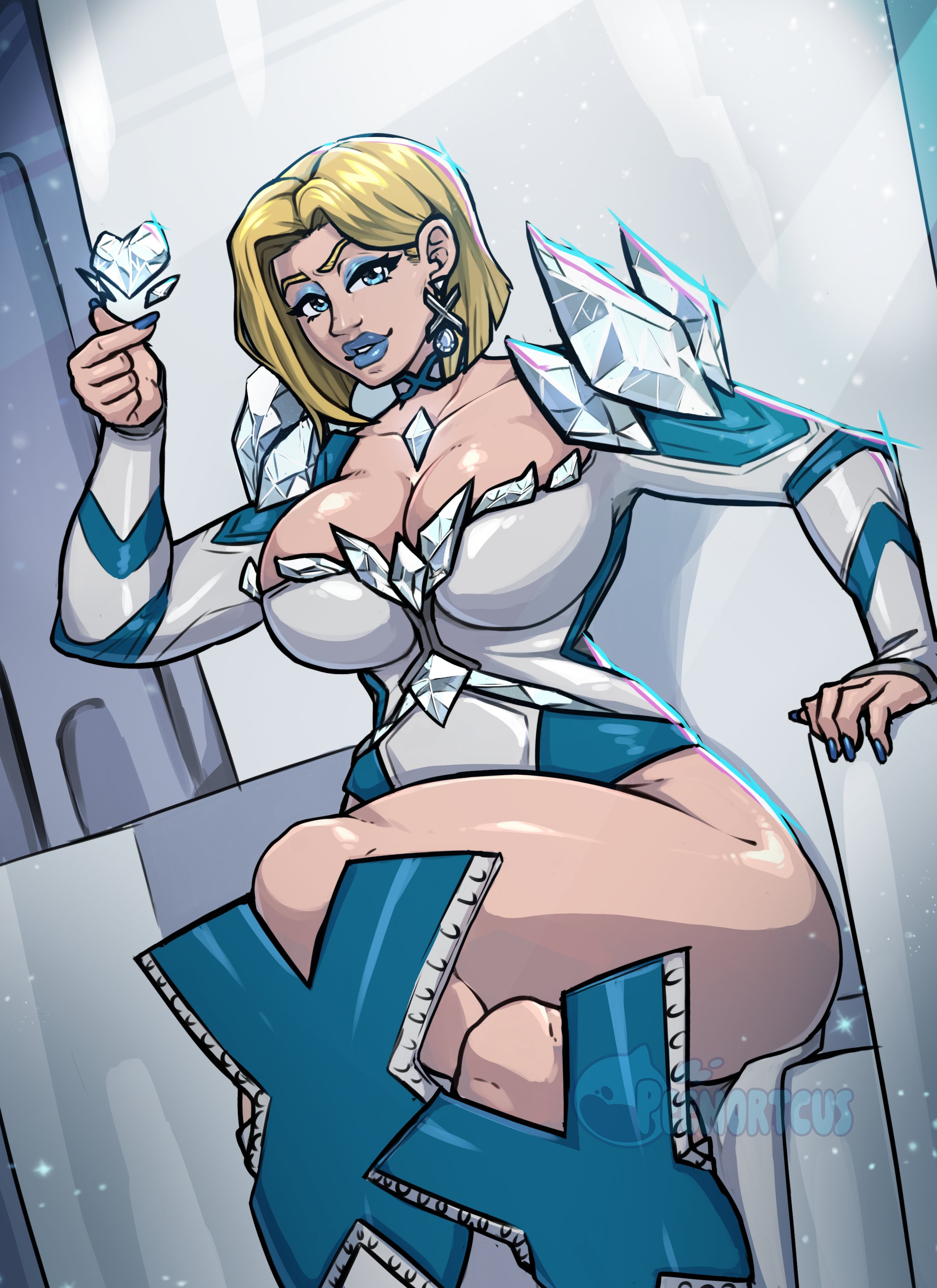 1girls, blonde female, blonde hair, blue lipstick, blue nails, bob cut, boots, breasts, crossed legs, emma frost, emma frost (marvel rivals), female, female focus, female only, high heel boots, high heels, large breasts, light skin, light-skinned female, looking at viewer, marvel, marvel comics, marvel rivals, peenortacus, solo, thick thighs, thighs, wide hips