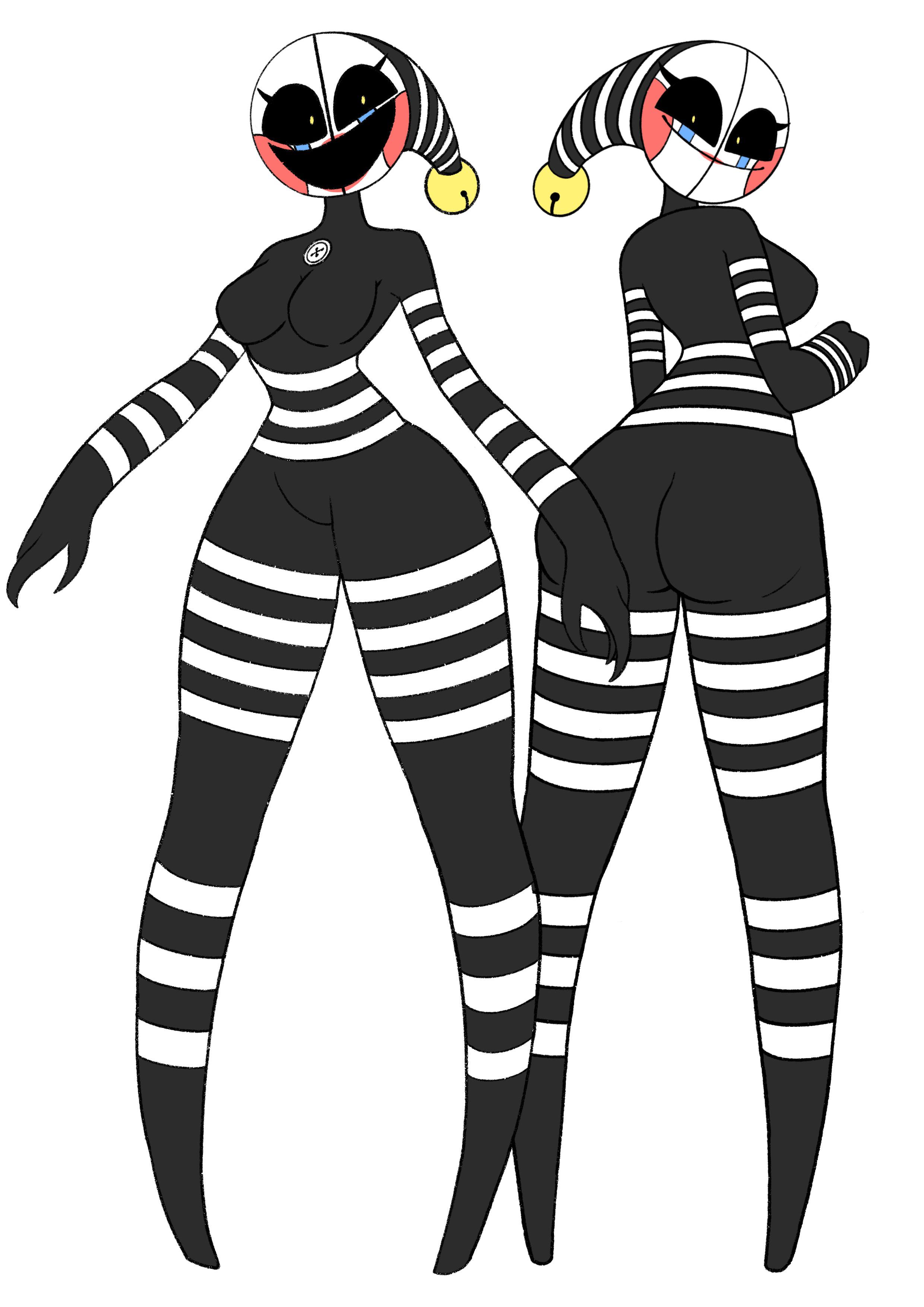 1girls, 2d, animatronic, black sclera, breasts, female, female only, five nights at freddy's, freddy fazbear's pizzeria simulator, hss dada, marionette (fnaf), puppet (fnaf), robot, security puppet, security puppet (fnaf), smiling at viewer, smug, solo, striped body, tagme, thick thighs, thighs, white pupils, white stripes, woman