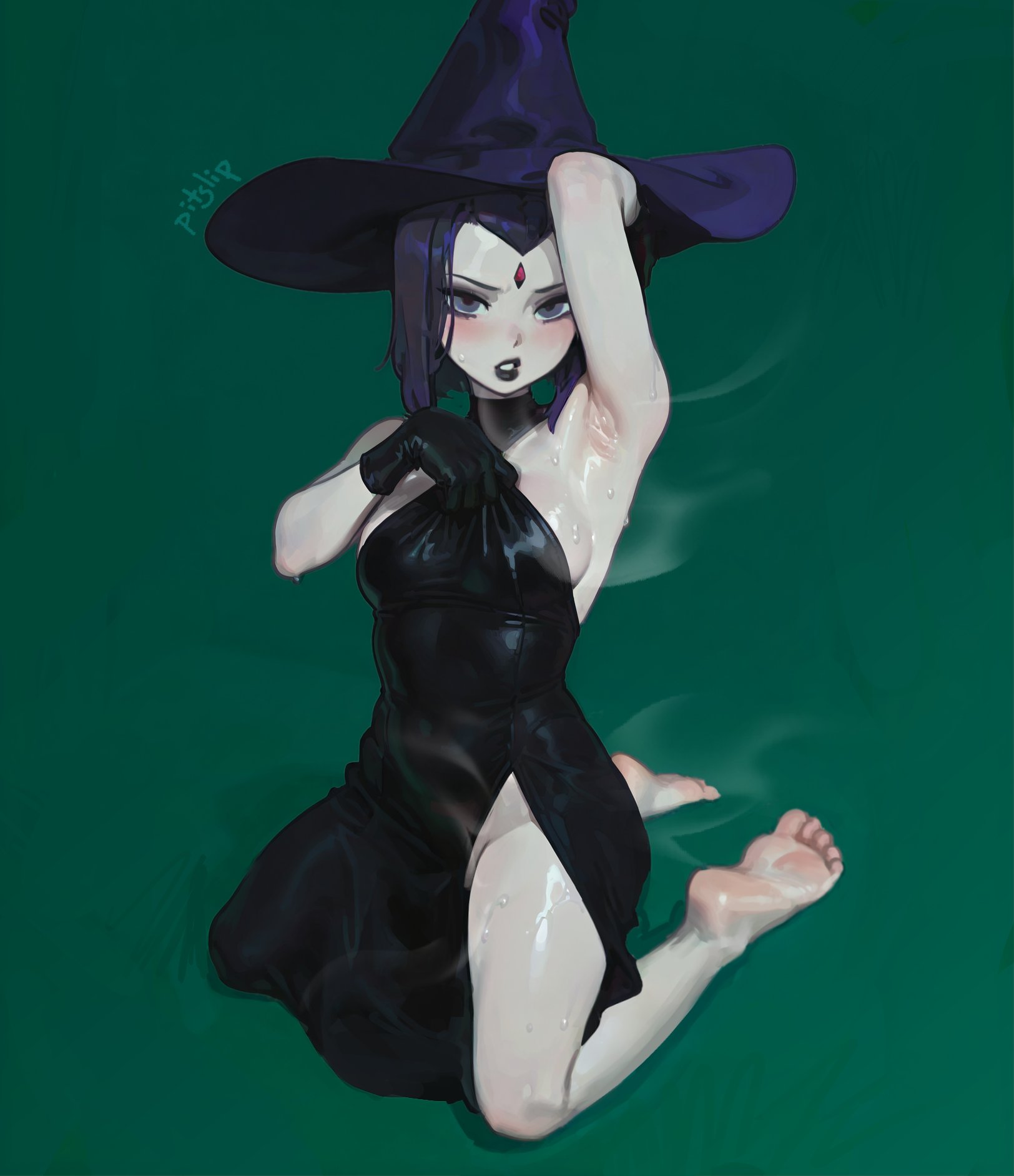 ai assisted, ai generated, armpit fetish, armpits, athletic, athletic female, big thighs, black hair, black lipstick, blush, breasts, dc, dc comics, dress, feet, feet fetish, female, gloves, gray eyes, light skin, light-skinned female, looking at viewer, pitslip, raven (dc), sweat, sweatdrop, thick thighs, thighs, tight clothing, wet