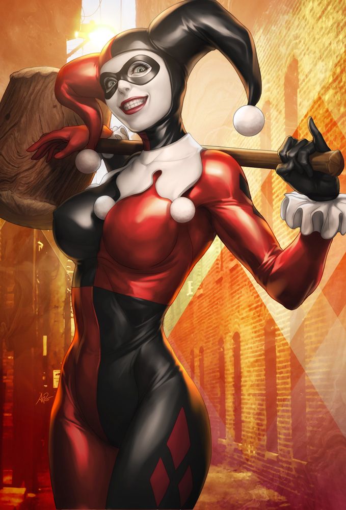 batman_(series) bodysuit clothes clown color day dc dc_comics female female_only front_view grey_eyes grin hammer harley_quinn hourglass_figure human looking_at_viewer mallet medium_breasts open_eyes outdoors shiny_suit skin_tight smile solo standing stanley_lau tight_clothes white_skin