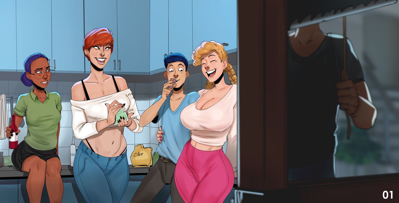 2boys, 3girls, big breasts, breasts, casual, cleavage, consensual, consensual snuff, dark skin, drinking, female, glasses, group, guillotine, human, imminent death, kitchen, looking at breasts, mai phuong, male, page 1, pale skin, snuff, straight, thighs, underrock