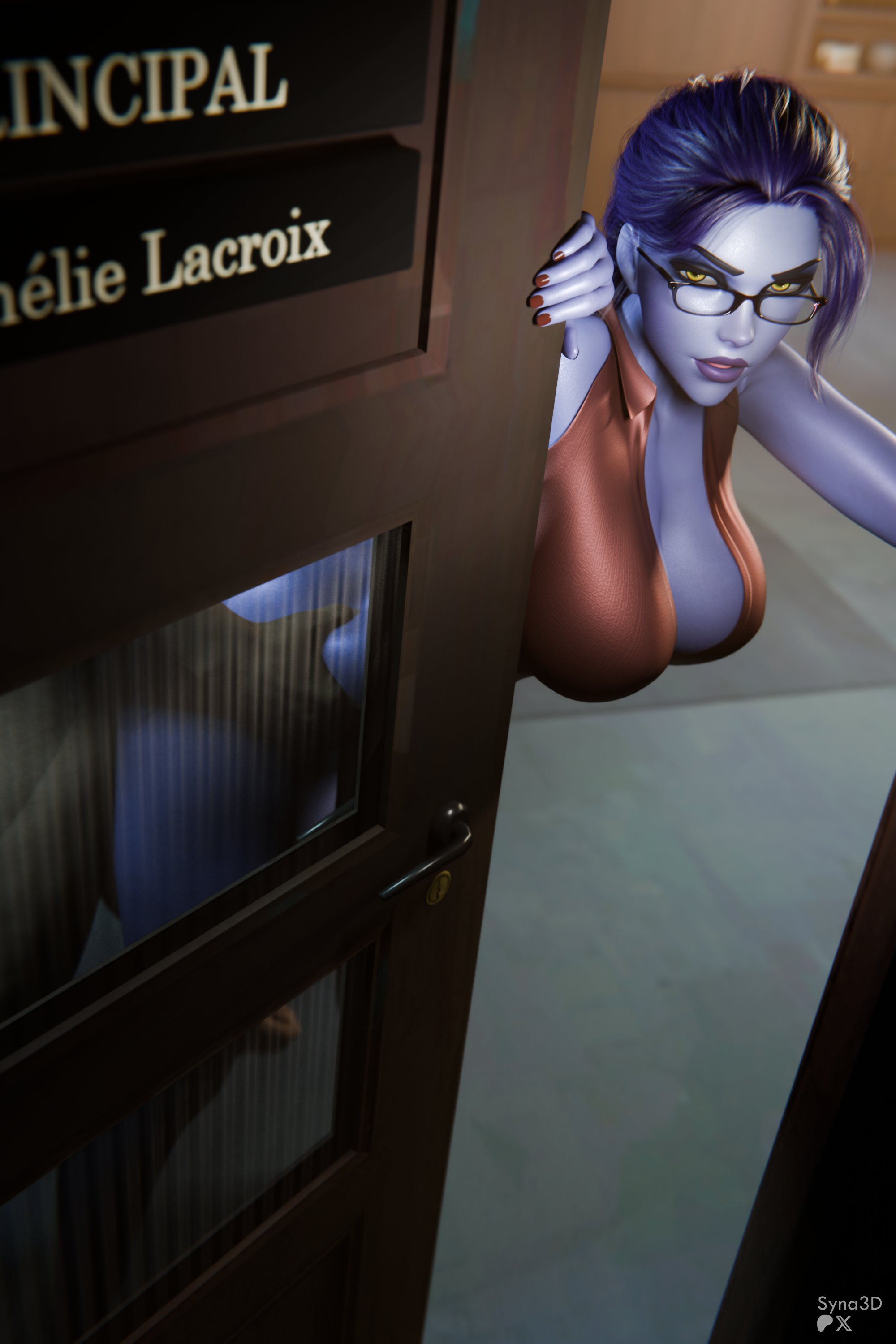 1boy, 1girls, 3d, ambiguous penetration, amelie lacroix, ass, big ass, big breasts, blue hair, blue skin, blue-skinned female, bottomless, breasts, caught, caught in the act, emotionless, emotionless sex, female, full lips, glasses, human, human female, human male, interracial, large breasts, light skin, light-skinned male, lipstick, male, office lady, overwatch, overwatch 2, partial male, principal, principal lacroix, principal office, purple lips, purple lipstick, sex, sex from behind, standing, standing sex, syna, teacher, teacher outfit, widowmaker, yellow eyes