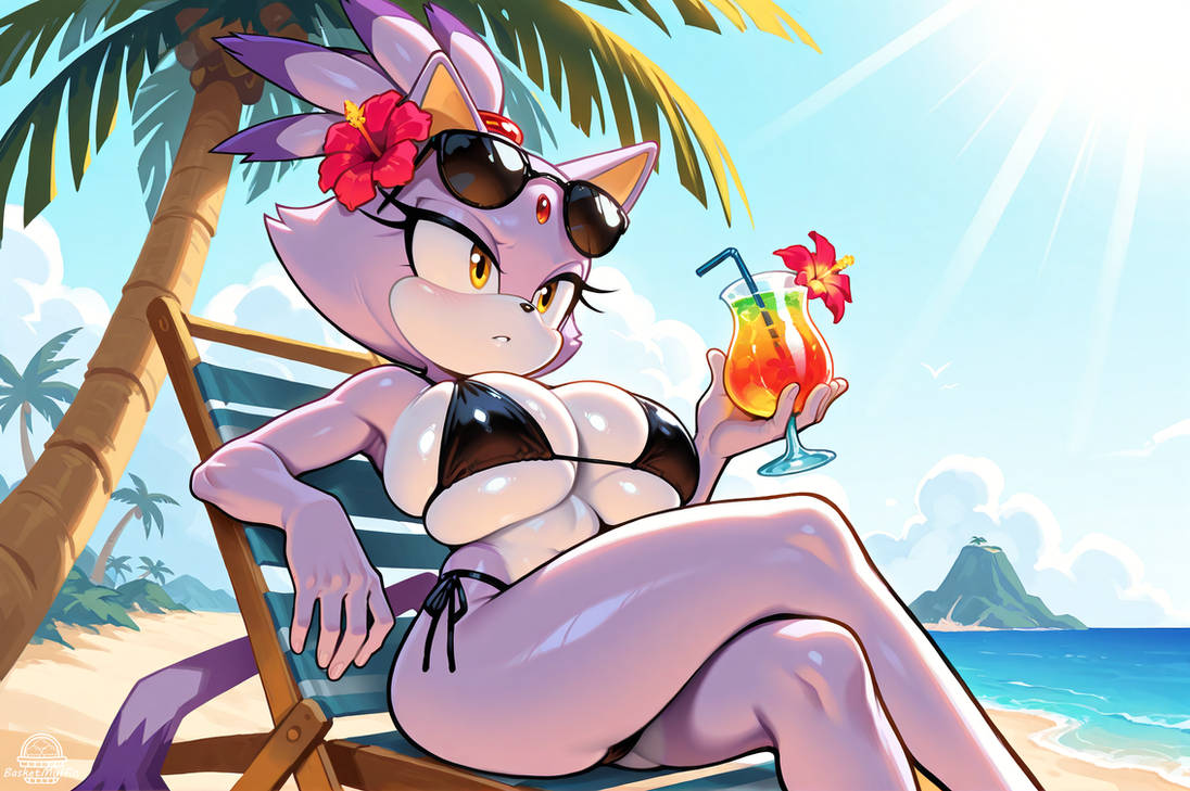 ai generated, beach, big breasts, black bikini, blaze the cat, breasts, cat ears, cat tail, female, large breasts, purple hair, sonic (series), sonic the hedgehog (series), tagme, yellow eyes