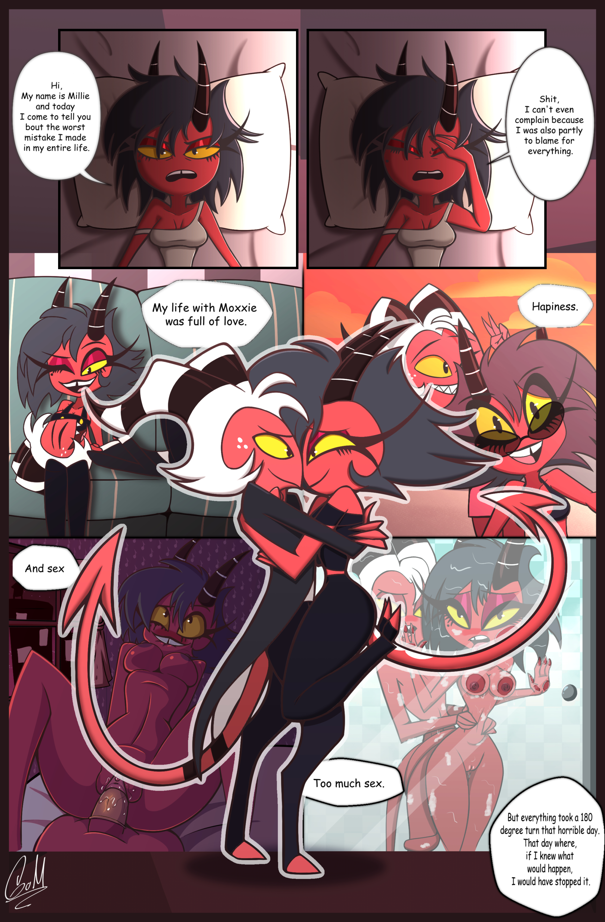 1boy, 1girls, bathroom, bathroom sex, comic, comic page, couple (romantic), couple love, cowgirl position, female, gatojack3, helluva boss, husband and wife, laying in bed, male, millie (helluva boss), moxxie (helluva boss), nipples against glass, sex, sex in shower, shower, text bubble, uncensored