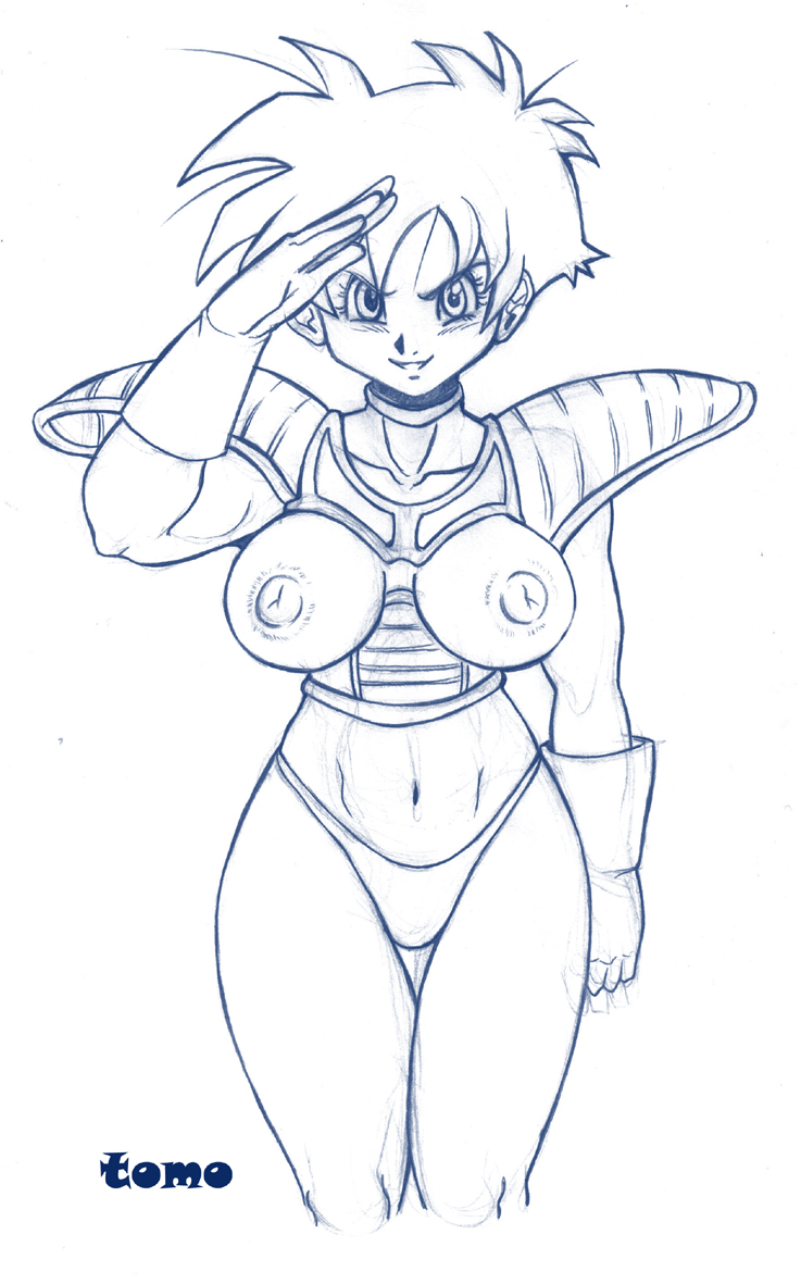 armor breasts dragon_ball dragon_ball_z erect_nipples exposed_breasts female female_only human monochrome nipples panties short_hair solo teenager tomo_(artist) videl