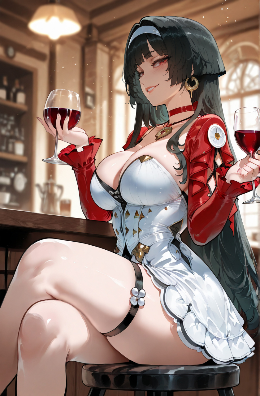 ai generated, alcohol, ass, astra yao, big ass, big breasts, breasts, choker, cleavage, earrings, female, looking at viewer, miyuai, necklace, seductive, seductive eyes, seductive look, seductive smile, shiny skin, sitting, smile, solo, solo female, thighs, zenless zone zero