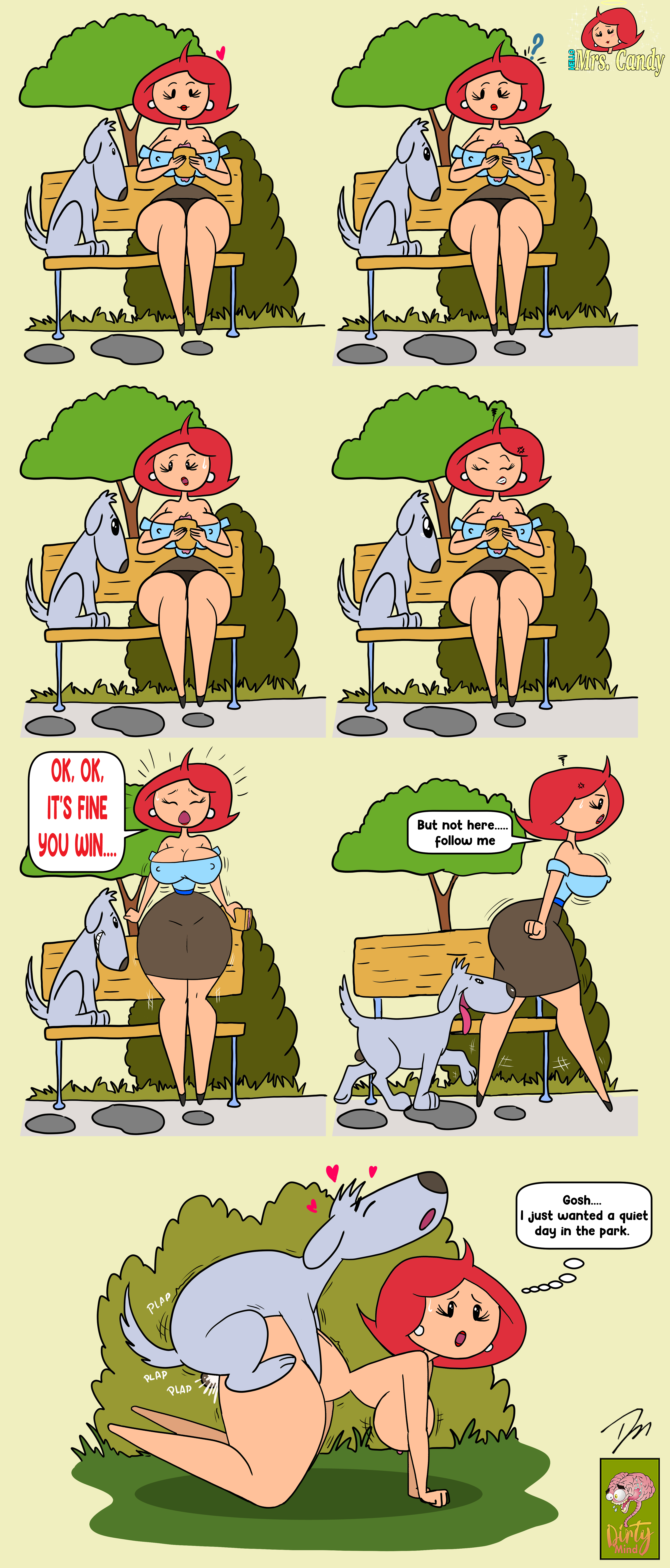 1boy, 1girls, all fours, angry, ass, balls, big ass, big breasts, breasts, canid, canine, dialogue, dirtymind, doggy style, domestic dog, ear piercing, earrings, english text, female, feral, food, hello mrs. candy, hidden sex, holding, holding food, huge ass, huge breasts, male, male/female, medium hair, mrs. candy, nervous, nipples, nude, ong hair, original, penetration, piercing, pussy, red hair, sex, sex from behind, sitting, small dom big sub, speech bubble, sweat, text, vaginal insertion, vaginal penetration, vaginal sex, wife, zoophilia
