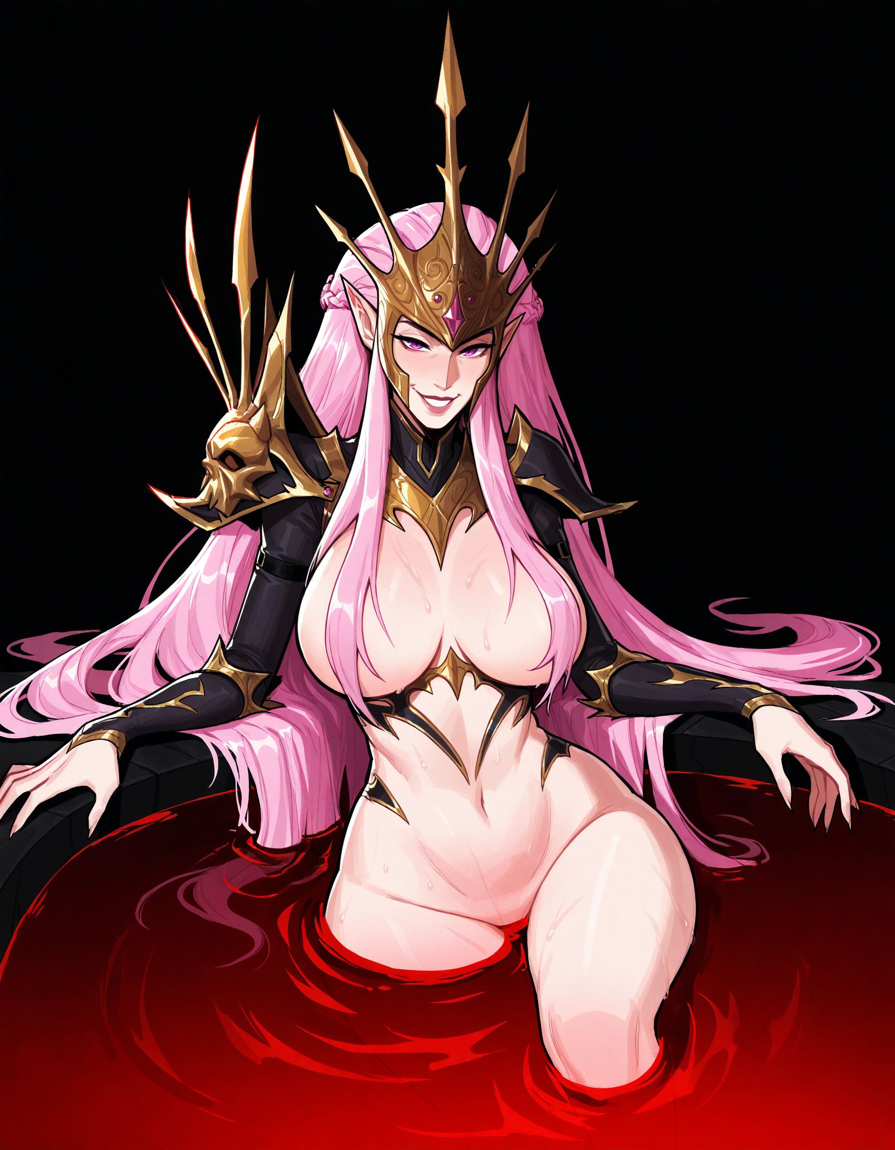 ai generated, blood, crone hellebron, dark elf, druchii, elf, female, pink eyes, pink hair, pinup, pointy ears, very long hair, warhammer (franchise), warhammer fantasy