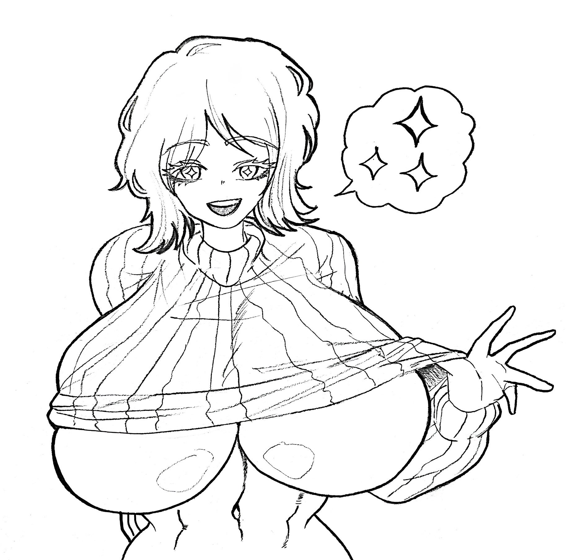 1girls, aplpakapa, body swap, breasts, breasts bigger than head, busty, don quixote (limbus company), eyebrows visible through hair, faust (limbus company), female, female only, huge breasts, limbus company, looking at viewer, monochrome, navel, no bra, open mouth, project moon, short hair, smile, solo, starry eyes, sweater, symbol-shaped pupils, underboob, upper teeth