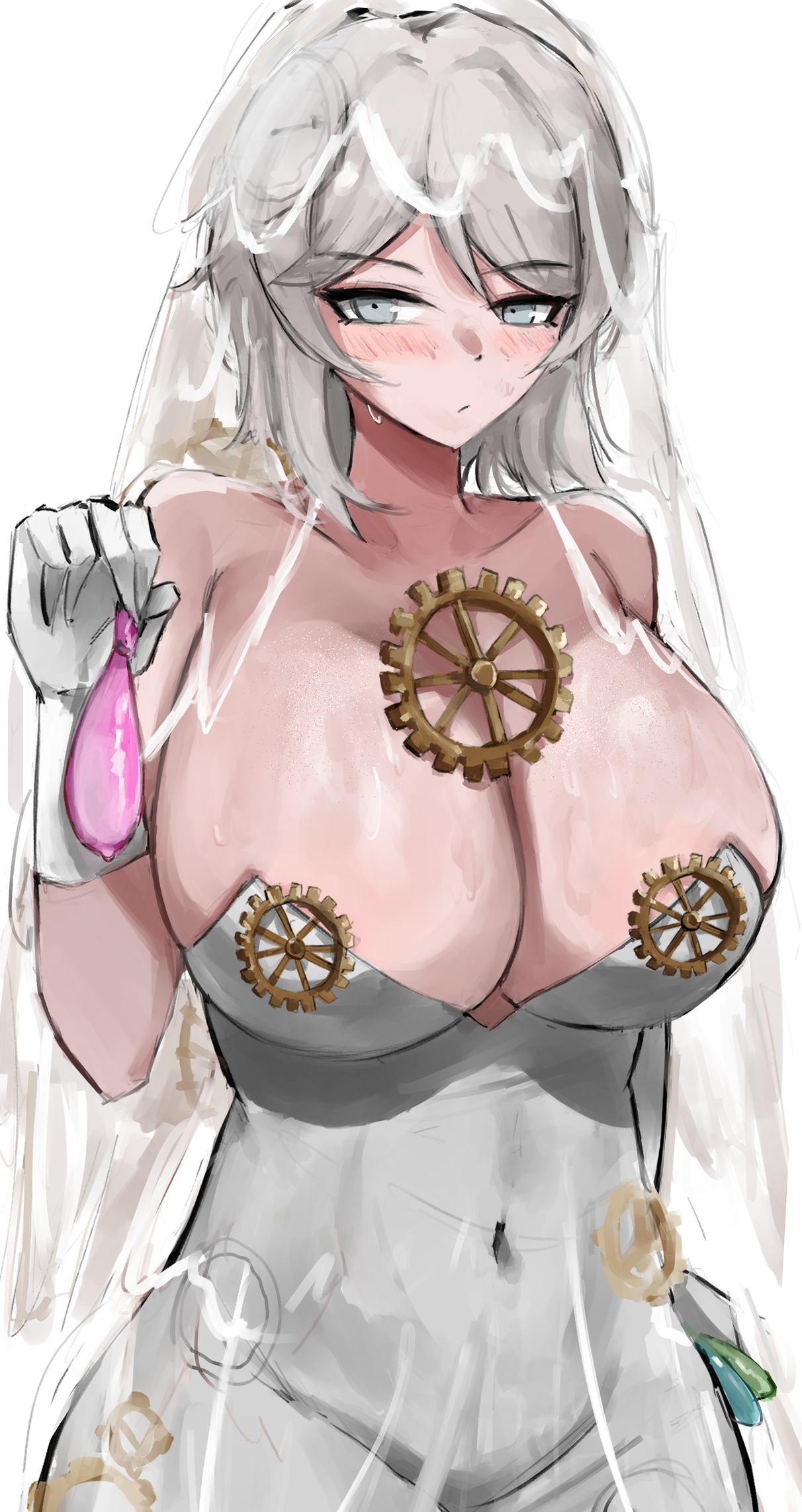 1girls, big breasts, blue eyes, blush, breasts, cleavage, dress, e.g.o (project moon), faust (limbus company), female, female only, filled condom, gloves, headdress, holding object, huge breasts, light skin, light-skinned female, limbus company, looking at viewer, navel, navel visible through clothes, neutral expression, possessed, possession, project moon, shiny skin, skindentation, solo, sweat, sweaty body, sweaty breasts, used condom, white dress, white gloves, white hair, www1 (artist)