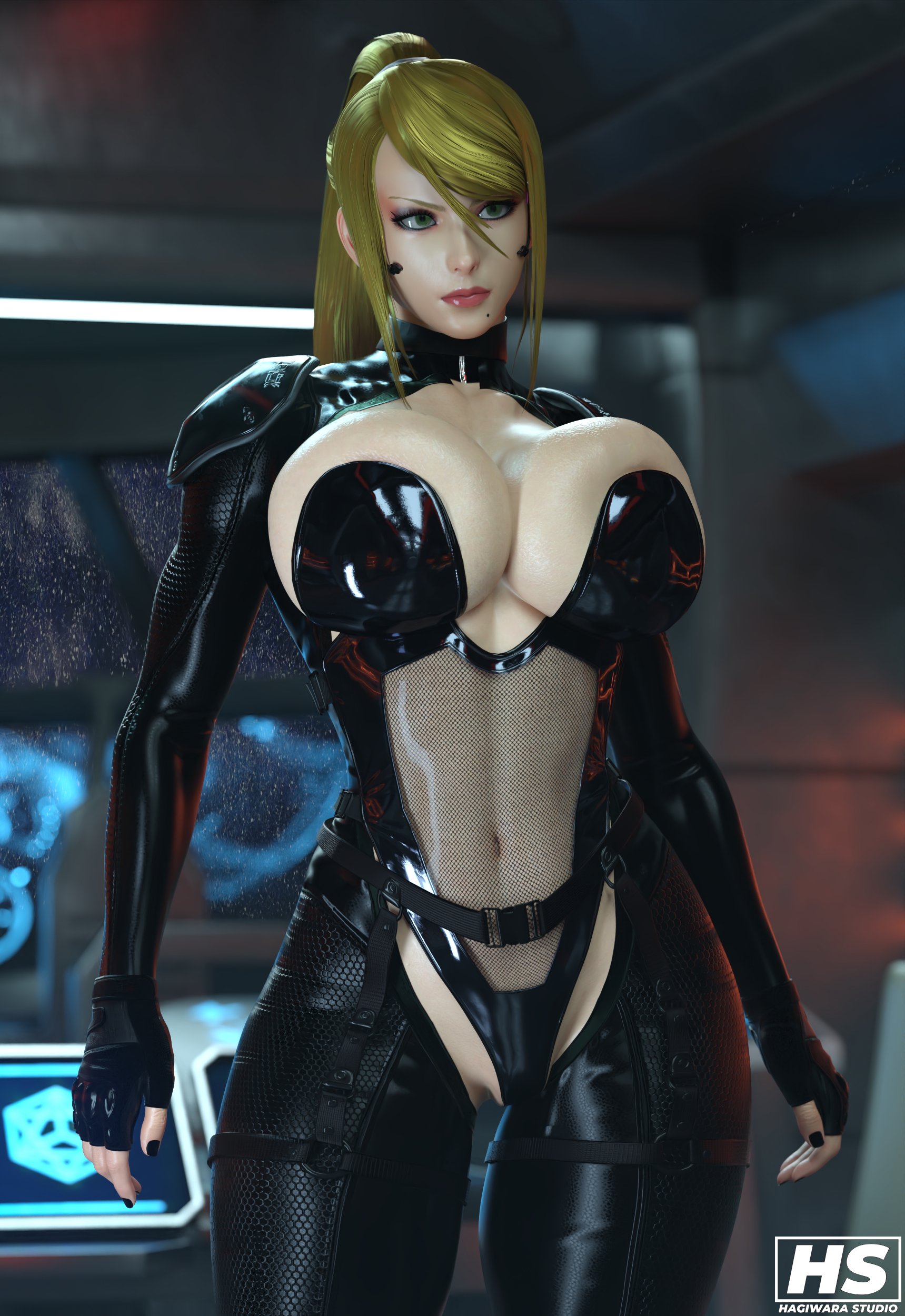 1girls, 3d, ass, belly, big ass, big breasts, bimbo, blonde hair, blue eyes, breasts, cleavage, deep cleavage, female, female only, full cleavage, hagiwara studio, huge breasts, long blonde hair, long hair, looking at viewer, metroid, nintendo, posing, samus aran, solo, thick thighs, wide hips
