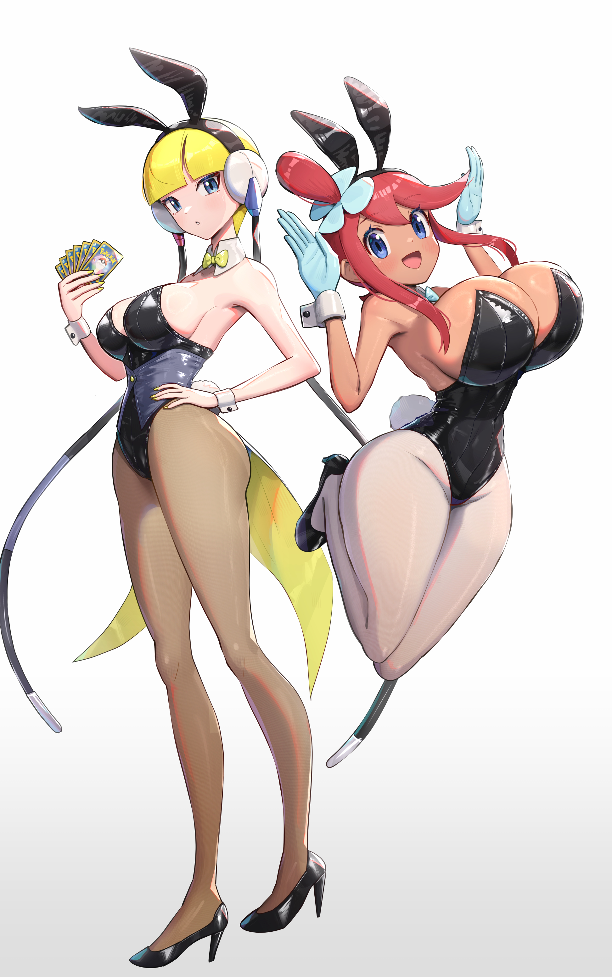 1girls, absurdres, alternate costume, breasts, bunny ears, bunnysuit, elesa (pokemon bw), elesa (pokemon), female, female only, gonzarez, highres, large breasts, medium breasts, nintendo, pantyhose, pokemon, pokemon bw, pokemon card, pokemon tcg, simple background, skyla (pokemon), white background