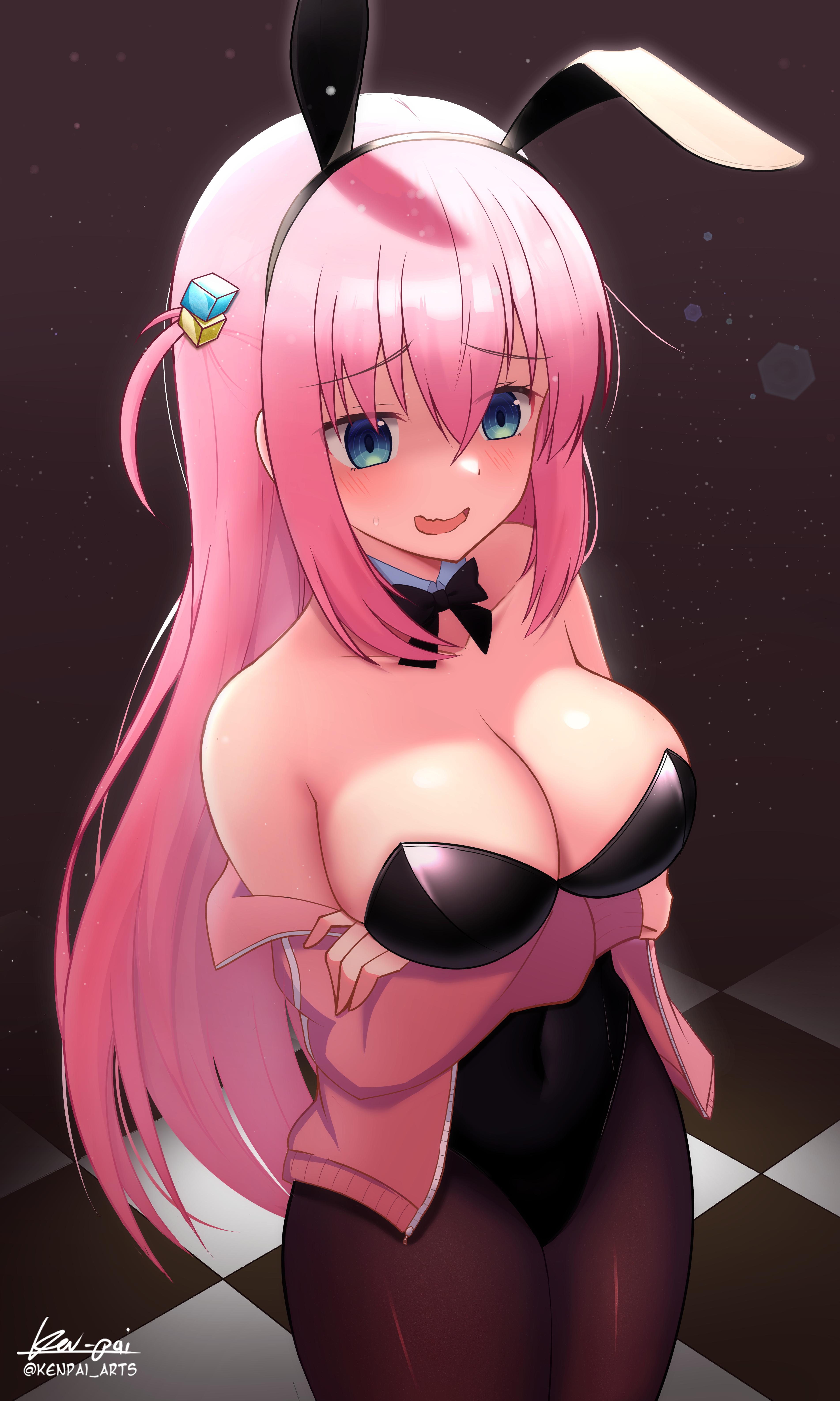1girls, absurd res, absurdres, ahoge, antenna hair, arm under breasts, arms crossed, arms crossed under breasts, arms under breasts, bare chest, bare shoulders, bare skin, belly, belly button, black background, black bowtie, black bunny ears, black bunnygirl costume, black bunnysuit, black hairband, black leotard, black topwear, blue eyes, blue-eyed female, bocchi the rock!, bowtie, breasts, brown legwear, brown pantyhose, brown stockings, bunny ears, bunny girl, bunnygirl outfit, busty, busty female, busty teenager, cleavage, coat, collar, collarbone, crossed arms, curvaceous, curvaceous body, curvaceous female, curvaceous figure, curvaceous hips, curvaceous teenager, curvaceous thighs, curvy, curvy body, curvy female, curvy figure, curvy hips, curvy thighs, dark background, dot nose, exposed chest, exposed shoulders, exposed skin, eyebrows visible through hair, female, female focus, female only, fingers, gotou hitori, hair between eyes, hair ornament, hair ornaments, hairband, high resolution, high school student, highres, hourglass figure, jacket, ken-pai (kenpai arts), ken-tai artz, large breasts, lean figure, legs, legs closed, legs together, legwear, leotard, light skin, light-skined female, light-skinned female, long hair, midriff, narrow waist, navel, nervous, nervous face, nervous female, nervous smile, open coat, open jacket, open mouth, open mouth smile, open topwear, pantyhose, parted lips, pink coat, pink eyebrows, pink hair, pink jacket, pink topwear, pink-haired female, schoolgirl, shiny breasts, shiny hair, shiny skin, shoulders, shy, shy expression, shy smile, simple background, slender body, slender waist, slim female, slim waist, smile, smiley face, smiling, smiling at viewer, smooth skin, solo, standing, stockings, teenage female, teenager, thick thighs, thighs, thin waist, tongue, topwear, upper body, white collar, white wrist cuffs, wide hips, wrist cuffs