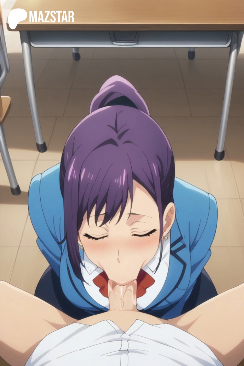 ai generated, blowjob, classroom, classroom desk, classroom sex, deepthroat, female, mazstar, only i level up, oral, ponytail, school, school uniform, shy, solo leveling, sung jin-ah, violet eyes, violet hair