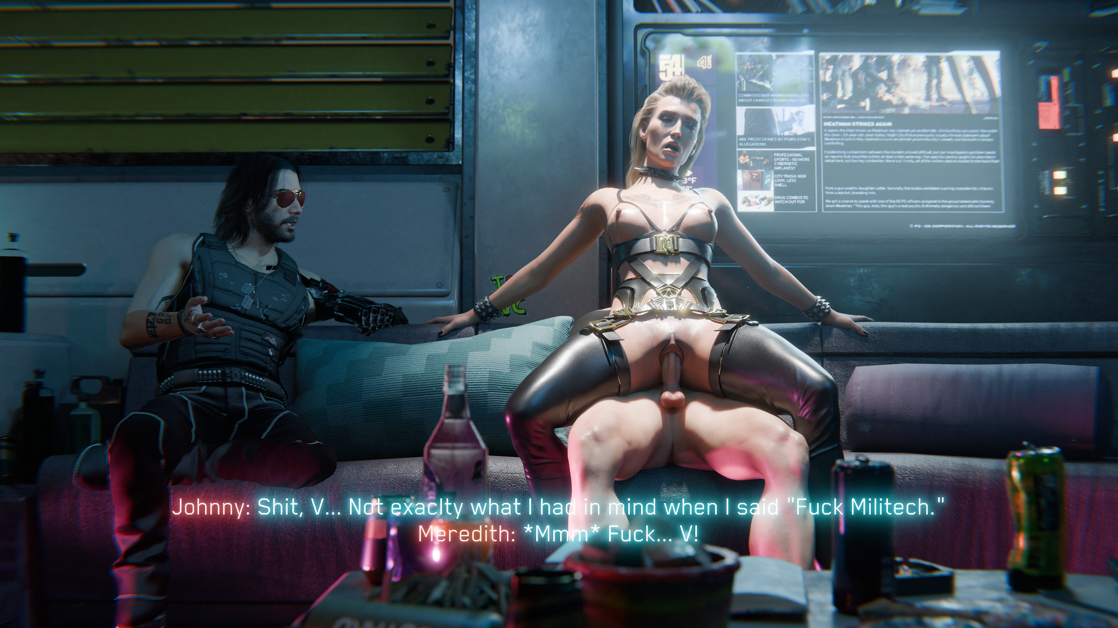 1girls, 2boys, 3d, blender, cyberpunk 2077, female, female on top, johnny silverhand, male, meredith stout, pussy, reverse cowgirl position, reverse upright straddle, riding, subtitled, subtitles, tagme, text, v (cyberpunk 2077), vaginal penetration, vaginal sex, video game character, video games, vincent (cyberpunk 2077), vulint