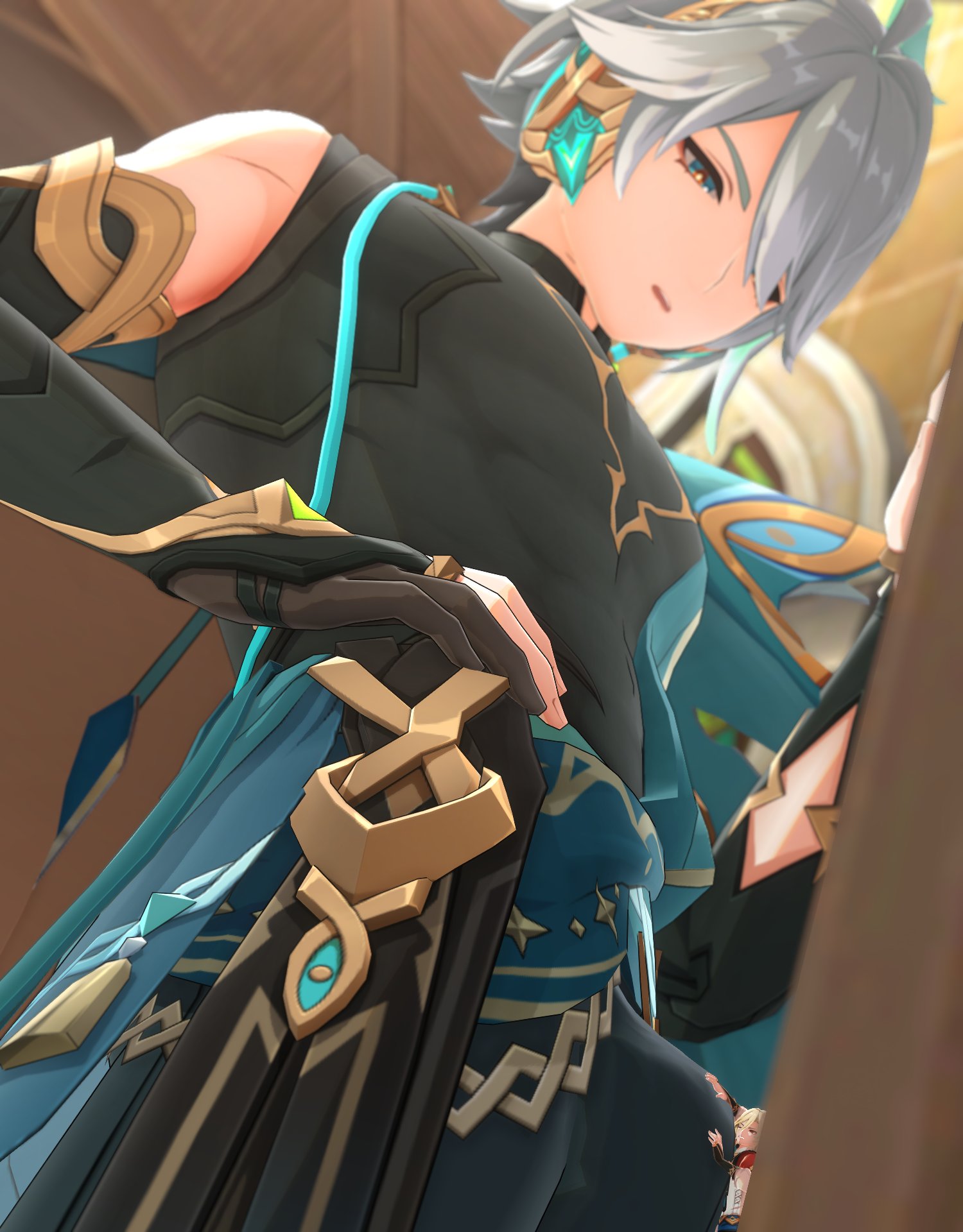 2boys, alhaitham (genshin impact), angle, blonde hair, bulge, bulge on face, clothed, gay, genshin impact, giant, kaveh (genshin impact), lightning cat12, lightningcat12, macro, male, male focus, male only, male/male, micro, size difference, white hair, yaoi