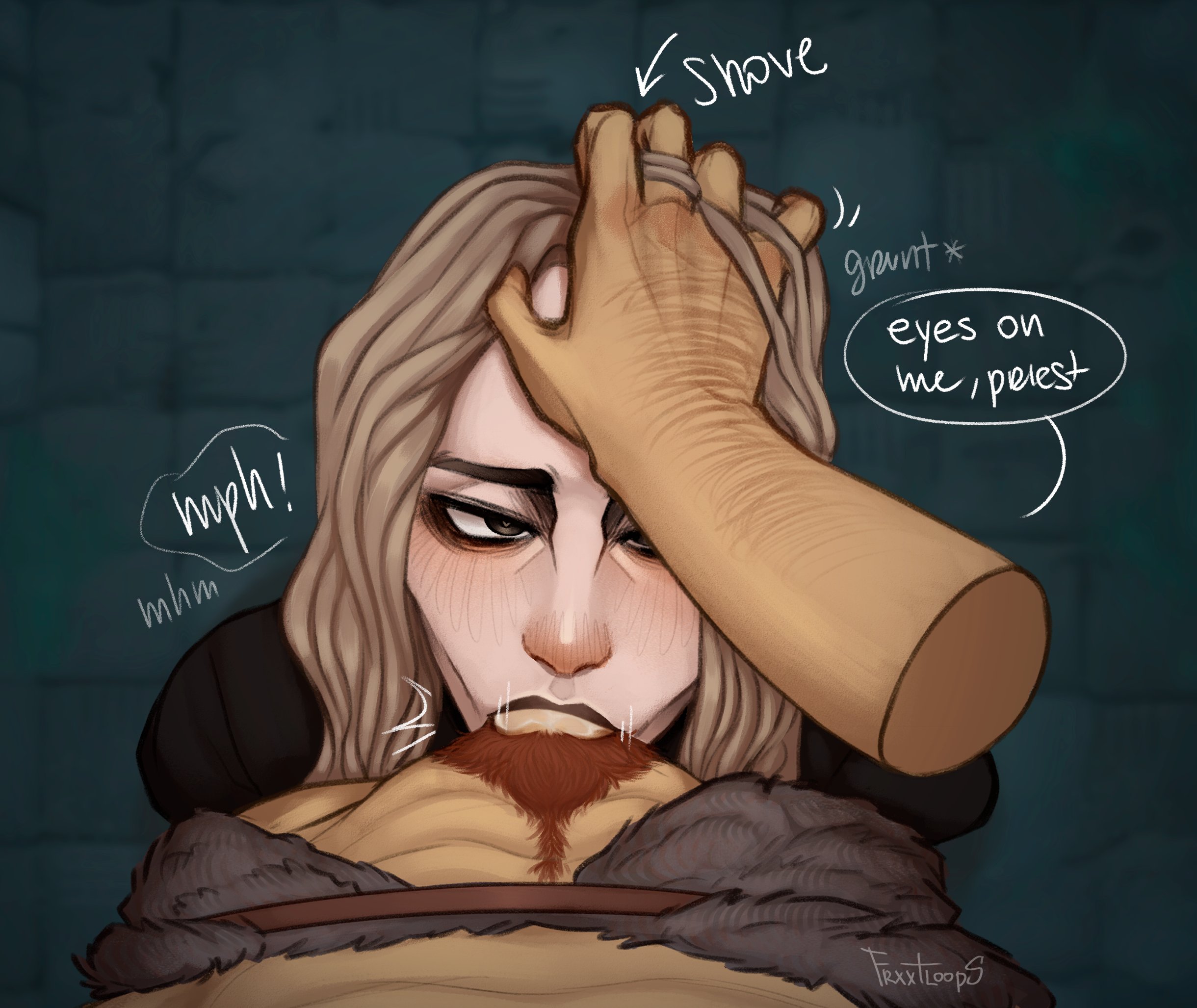 blowjob, condescending, deepthroat, dominant, enki ankarian, fear and hunger, femboy, frxxtloops, gay, male, oral sex, pubic hair, pushing head down, ragnvaldr, submissive, yaoi