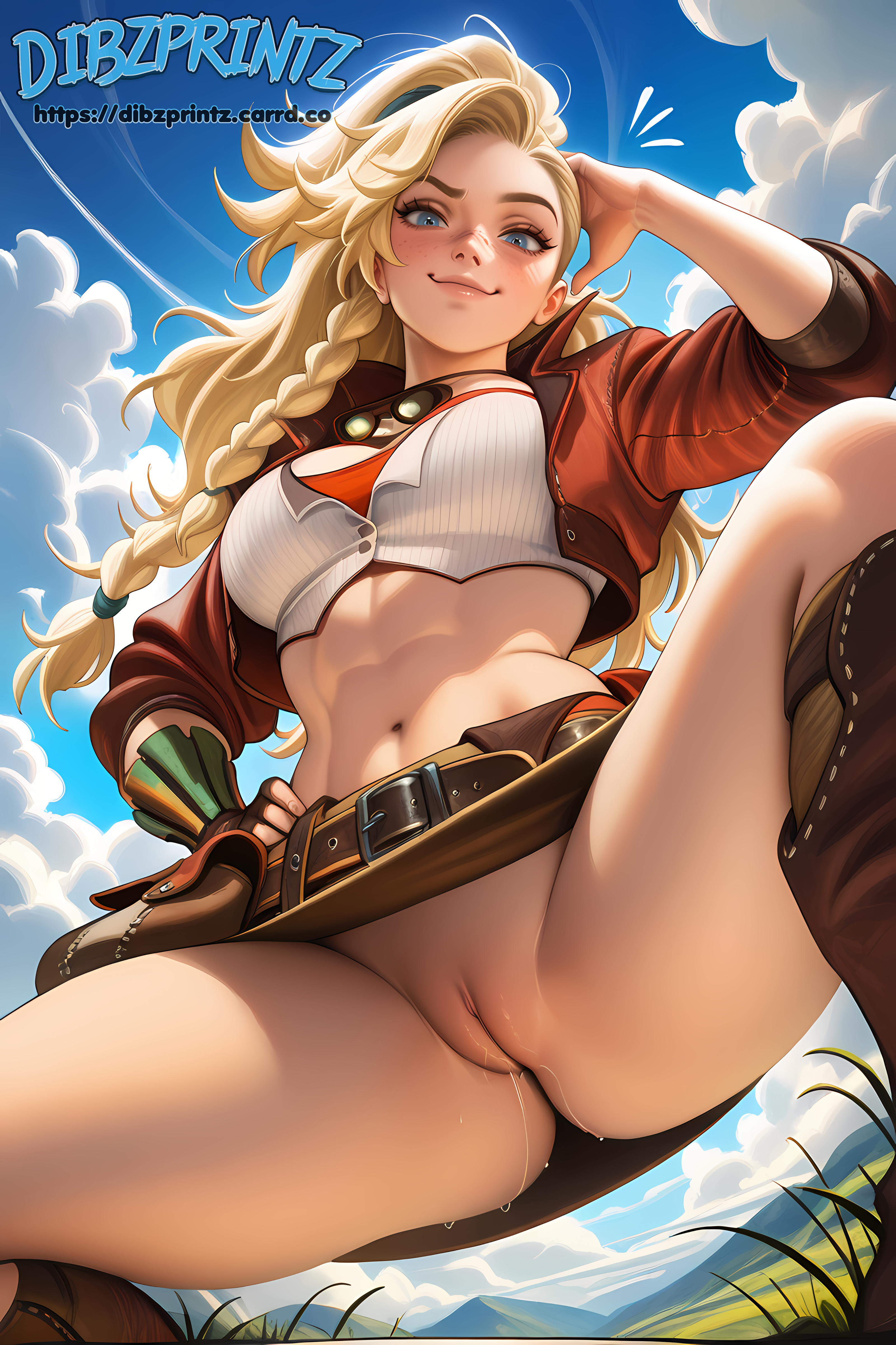 1girls, ai assisted, ai generated, anime, artist name, belt, blonde hair, blue eyes, boots, braid, breasts, cleft of venus, cloud, cropped jacket, day, dibzprintz, fansly, female, from below, gemma (monster hunter wilds), gloves, goggles, goggles around neck, hand on own hip, hi res, high quality, high resolution, highres, jacket, large breasts, long hair, looking at viewer, monster hunter, monster hunter wilds, navel, no panties, open clothes, open jacket, outdoors, patreon username, pussy, pussy juice, skirt, sky, smile, solo, spread legs, squatting, uncensored, watermark
