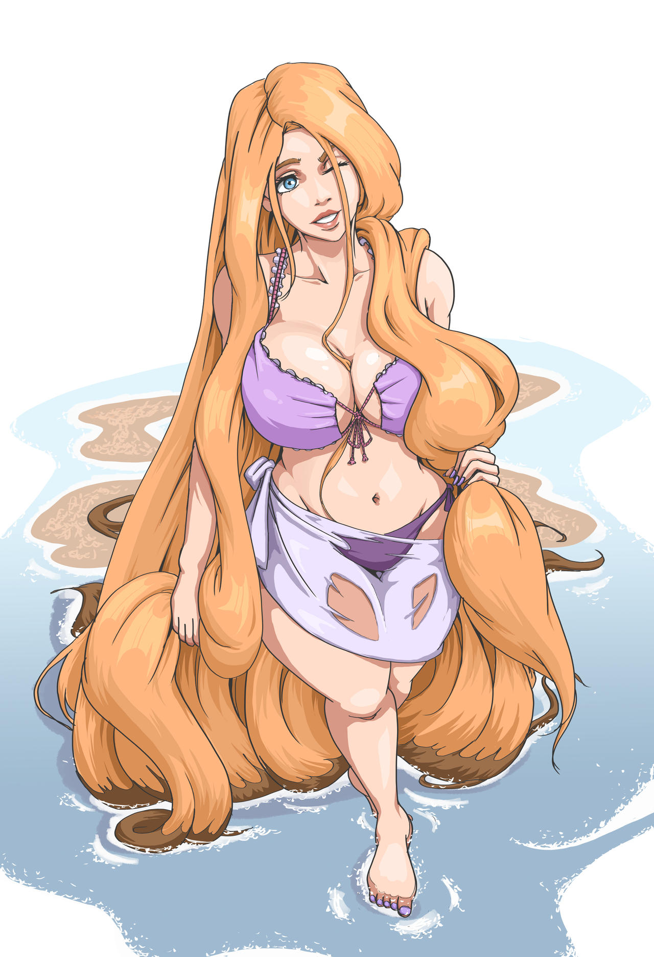 1girls, bikini, blonde hair, blue eyes, breasts, cleavage, disney, disney princess, female, female only, large breasts, long hair, one eye closed, rapunzel, royalty, sarong, standing in water, swimsuit, tangled, very long hair, wanderagro893