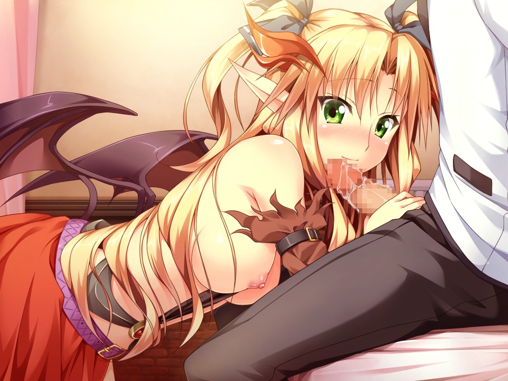 blonde_hair blush breasts censored erect! female game_cg green_eyes long_hair nipples penis piromizu pointy_ears solo tail tiana_jill_lilithtia wings