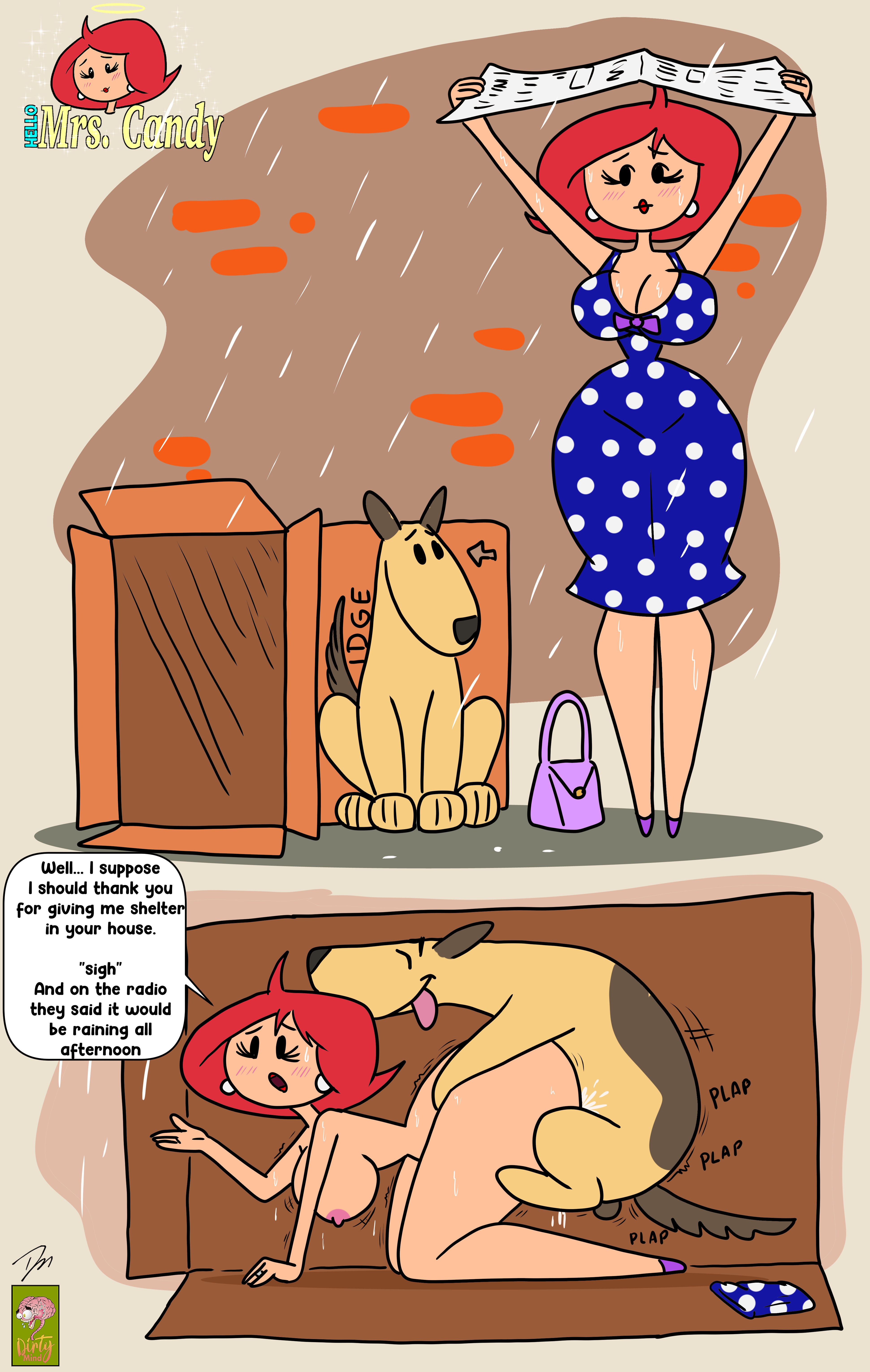 1boy, 1girls, all fours, ass, balls, big ass, big breasts, breasts, canid, canine, canis, cheating, cheating wife, closed eyes, completely nude, dialogue, dirtymind, doggy style, domestic dog, ear piercing, earrings, english text, female, feral, hello mrs. candy, huge ass, huge breasts, long hair, male, male/female, medium hair, mrs. candy, nipples, nude, nude female, original, penetration, piercing, pussy, red hair, sex, sex from behind, small dom big sub, speech bubble, text, vaginal insertion, vaginal penetration, vaginal sex, wet, wet body, wet clothes, wife, zoophilia