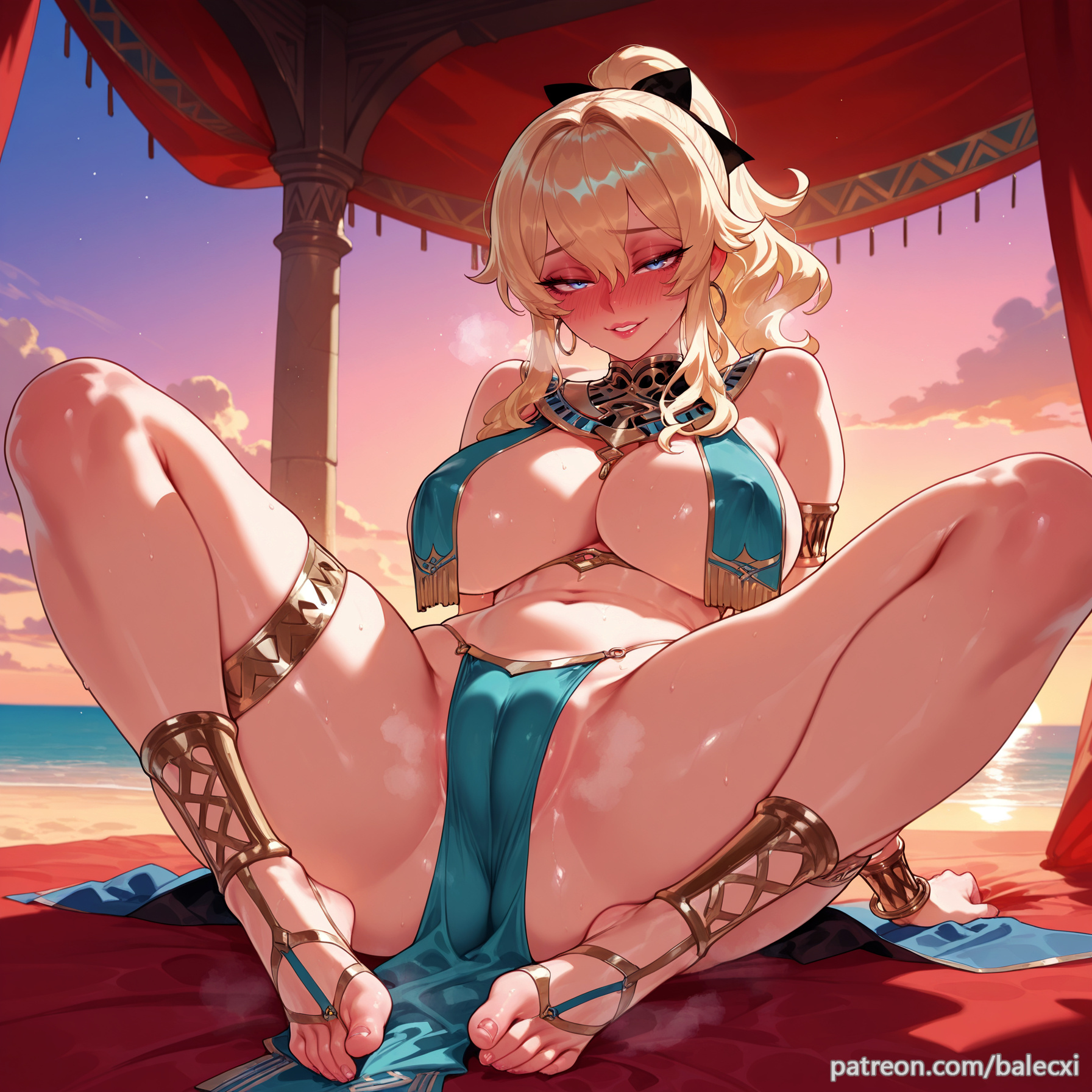 ai generated, armlet, balecxi, blonde hair, blue eyes, blush, breast curtains, feet, female, genshin impact, jean gunnhildr, jewelry, large breasts, legs, loincloth, long hair, looking at viewer, navel, patreon username, pelvic curtain, ponytail, sandals, sky, smile, solo, spread legs, thighlet, thighs, toenails, toes