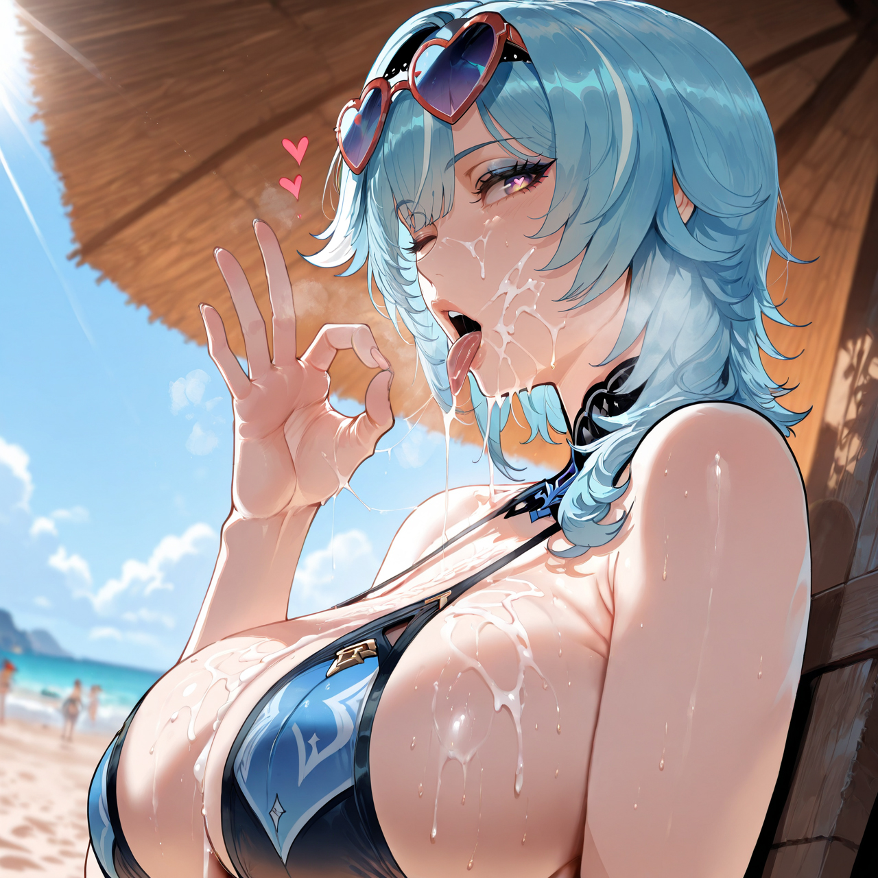 ai generated, beach, big breasts, bikini, blue hair, breasts, cleavage, cum, cum on breasts, cum on face, eula (genshin impact), eyewear on head, female, genshin impact, heart, heart-shaped pupils, looking at viewer, miyuai, mostly nude, ok sign, saliva, saliva trail, seductive, shiny skin, sitting, solo, solo female, steam, sunglasses, sweat, swimsuit, tongue, tongue out