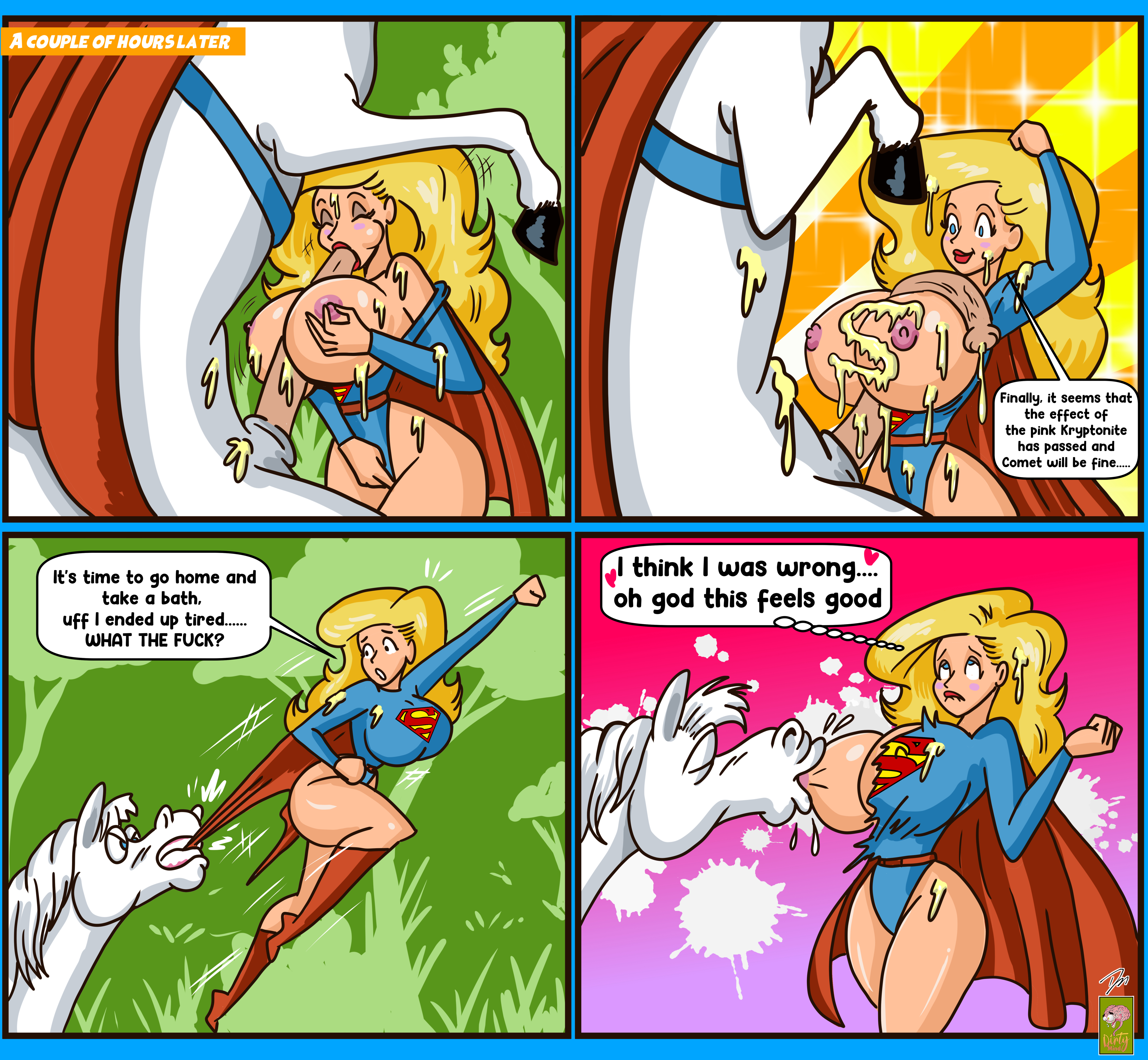 1boy, 1girls, animal genitalia, animal penis, ass, big ass, big breasts, bite, blonde hair, blowjob, blue eyes, boobjob, breast grab, breast sucking, breasts, clothed, clothed sex, clothing, comet the superhorse, cum, cum on arm, cum on body, cum on breasts, cum on clothes, cum on upper body, dc, dc comics, dialogue, dirtymind, english text, fellatio, female, flying, grabbing, grabbing breasts, grabbing own breast, huge ass, huge breasts, kara danvers, kara zor-el, large penis, lipstick, long hair, male, male/female, nipples, nude, oral, oral sex, paizuri, penis, red lipstick, sex, speech bubble, supergirl, supergirl (series), superheroine, superman (series), titjob, top-down bottom-up, torn clothes, torn clothing, zoophilia