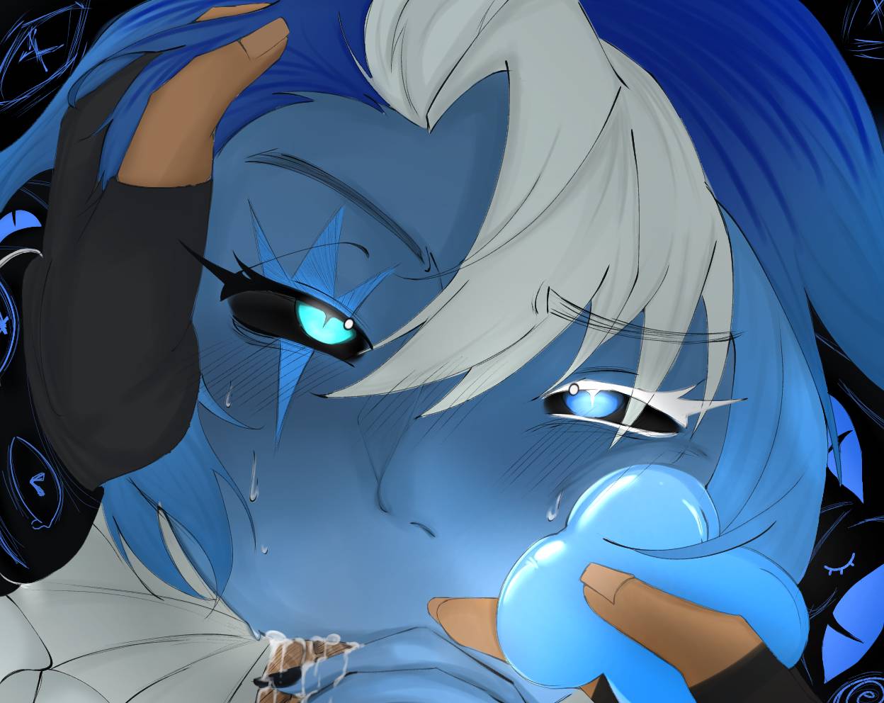 blowjob, blush, blush lines, cookie run, cookie run kingdom, cum, cum in mouth, cum inside, male, penis, shadow milk cookie, sucking penis, sweat, sweatdrop, sweating