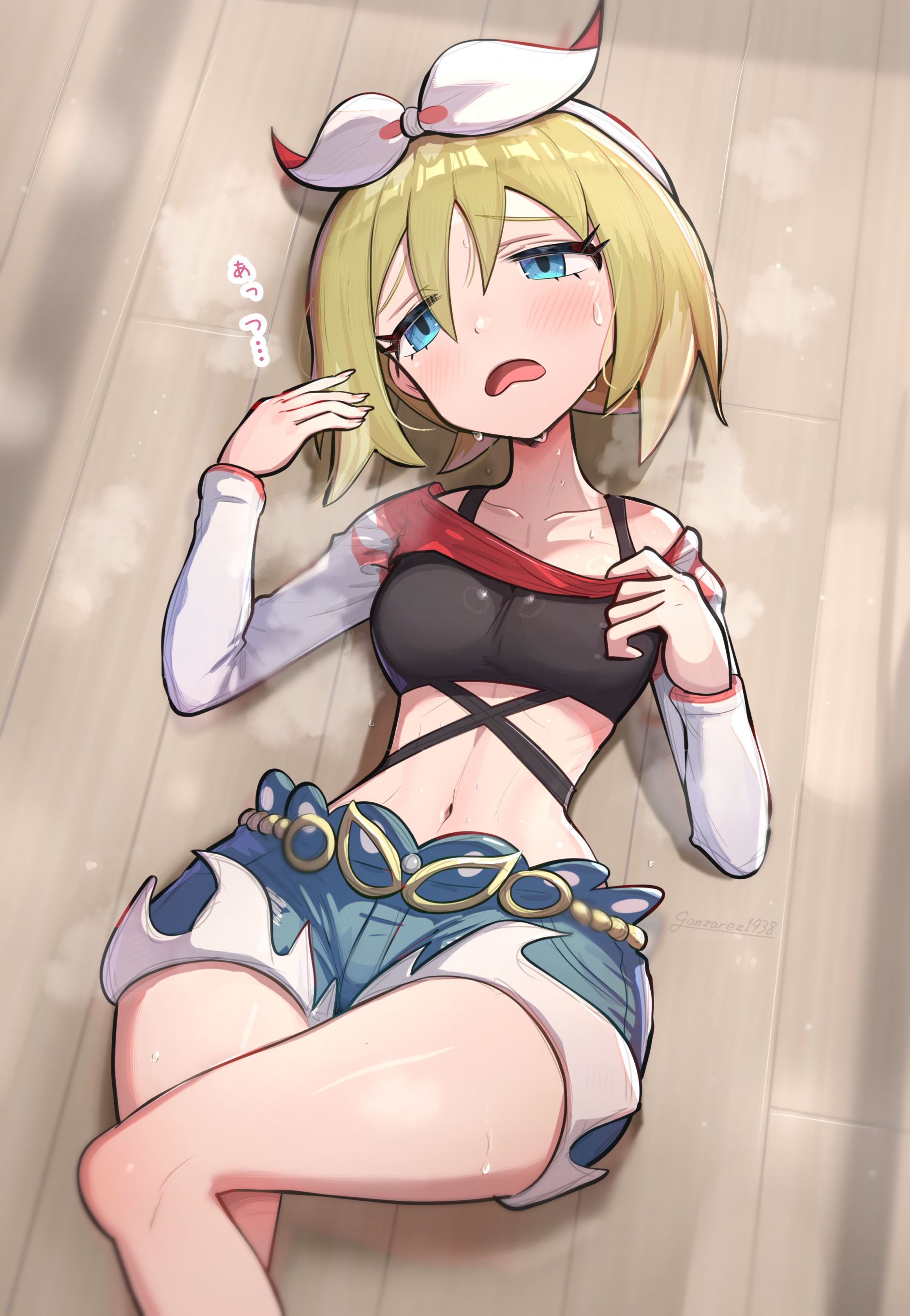 1girls, absurdres, alternate costume, breasts, female, female only, gonzarez, highres, irida (pokemon), irida (special costume) (pokemon masters), nintendo, official alternate costume, pokemon, pokemon masters, pokemon masters ex, small breasts, solo, sweat, thighhighs, thighs, wide hips