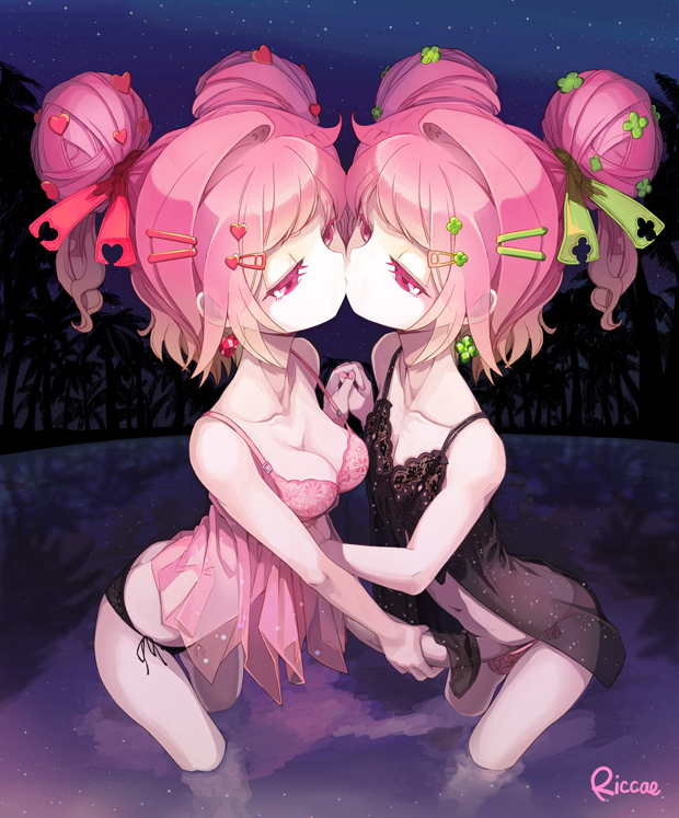 1boy 1girls artist_name black_panties breasts brother_and_sister cleavage couple double_bun eye_contact female femboy femboy_on_female hair_ornament hair_ribbon hairclip hand_holding heart incest kissing looking_at_another male/female navel original panties penis pink_eyes pink_hair pink_panties ribbon riccae short_hair siblings sisters_~natsu_no_saigo_no_hi~ straight trap twincest twins underwear